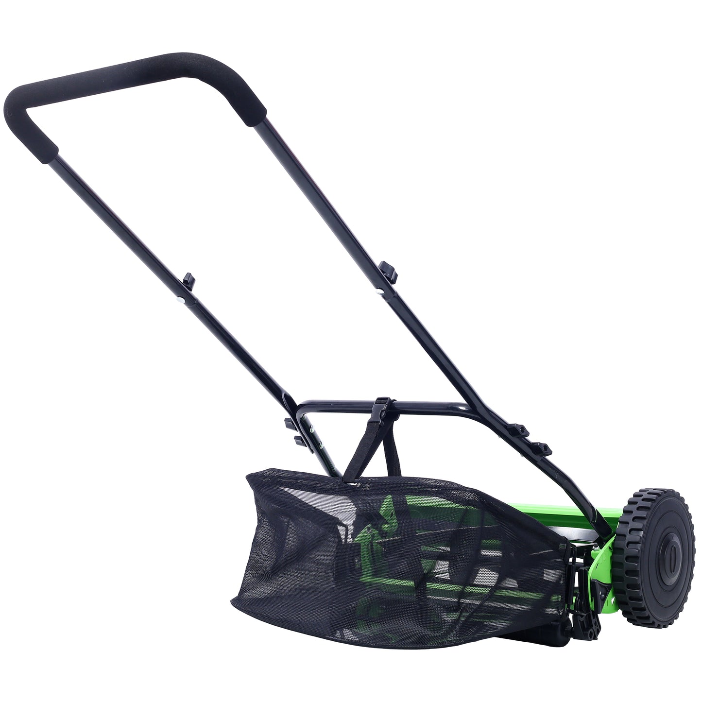 Green reel mower with black handle and grass catcher bag perfect for small yards