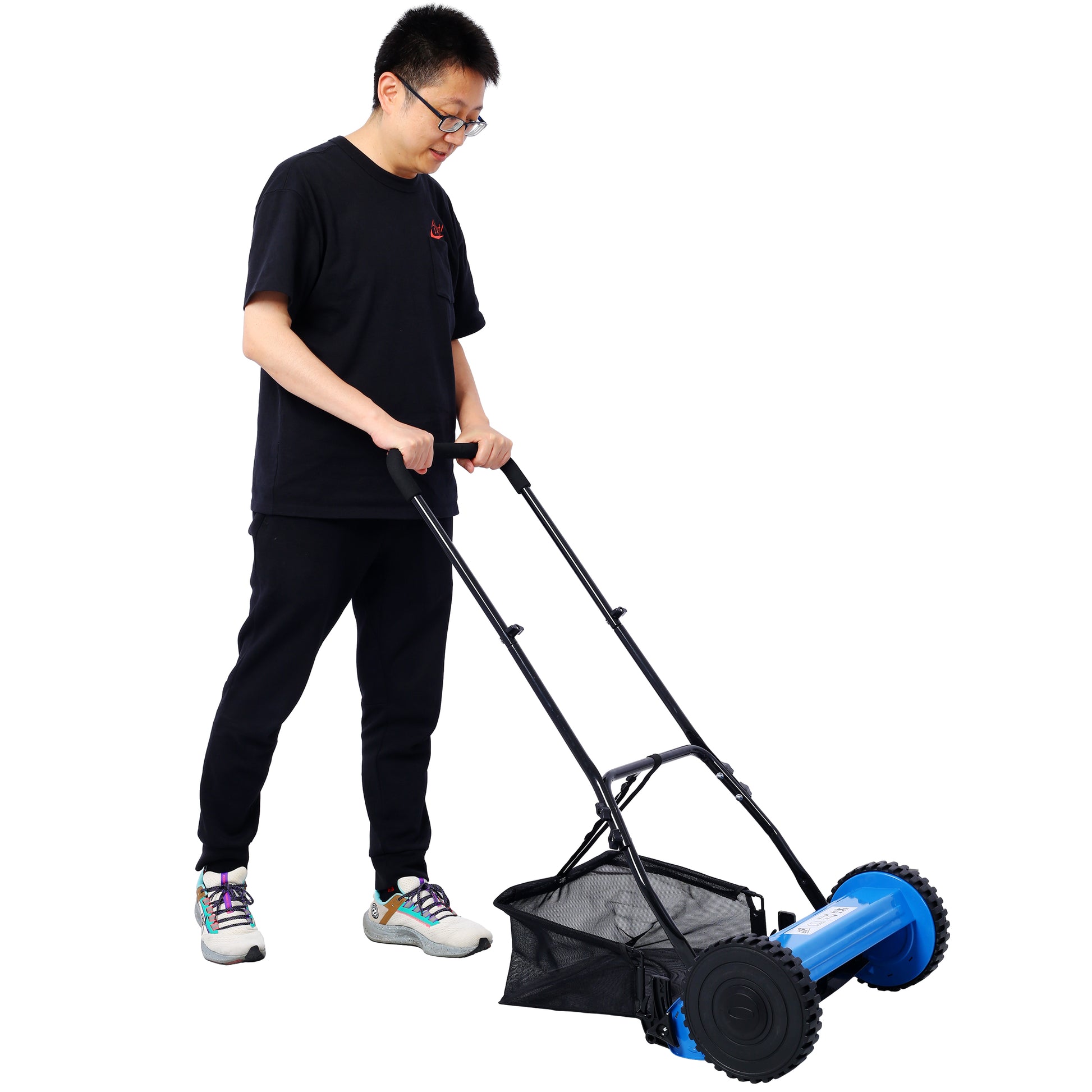 Man pushing a blue reel mower with a collection bag for lawn care