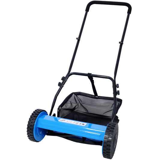 Bright blue push reel mower with black wheels and handle including grass catcher bag