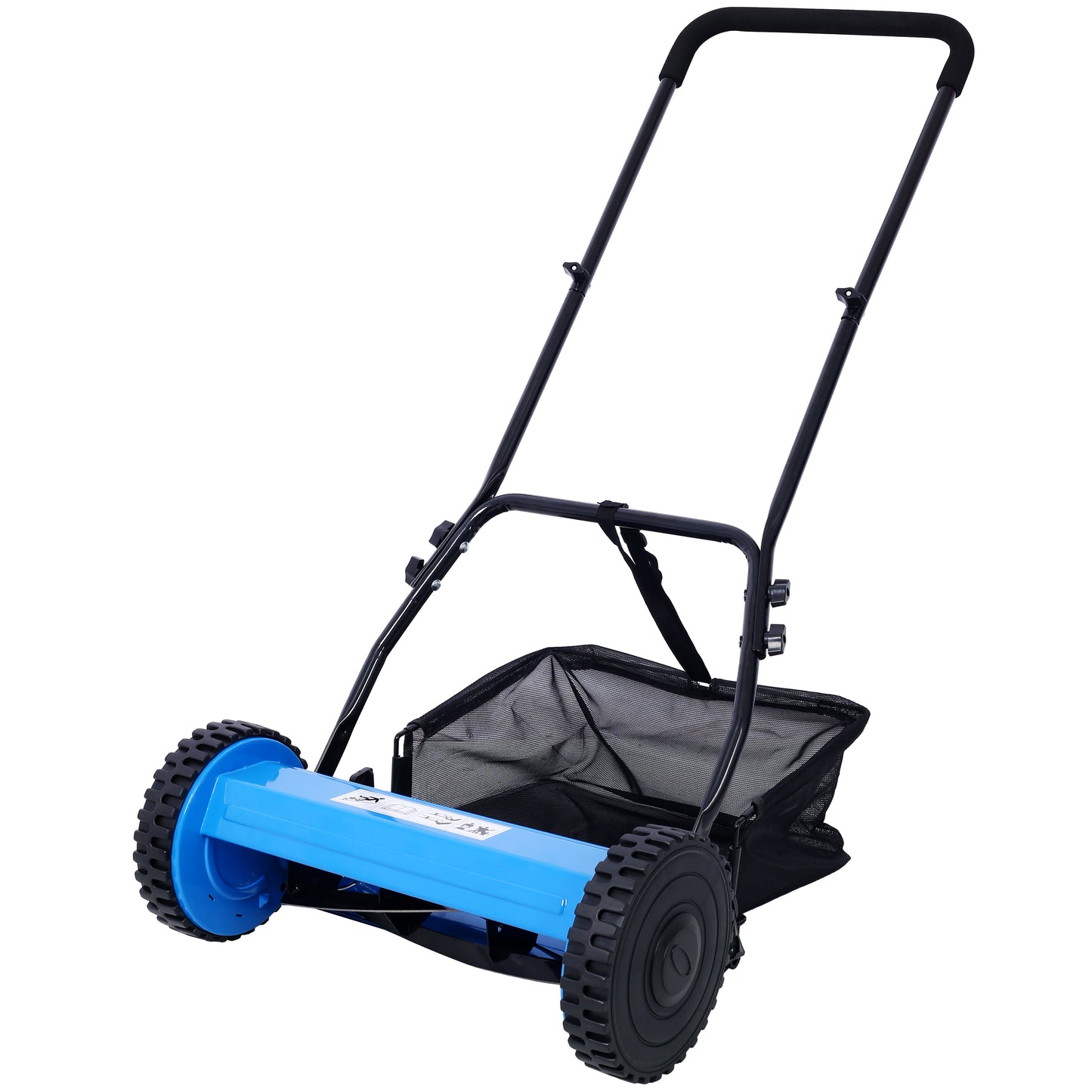Light blue reel mower with black handle and grass catcher bag