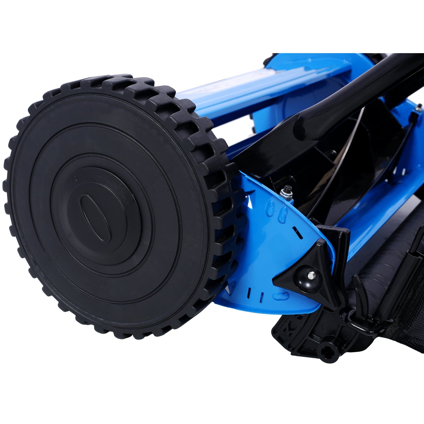Closeup of a blue reel mower with black segmented wheel and sharp blades ideal for lawn care