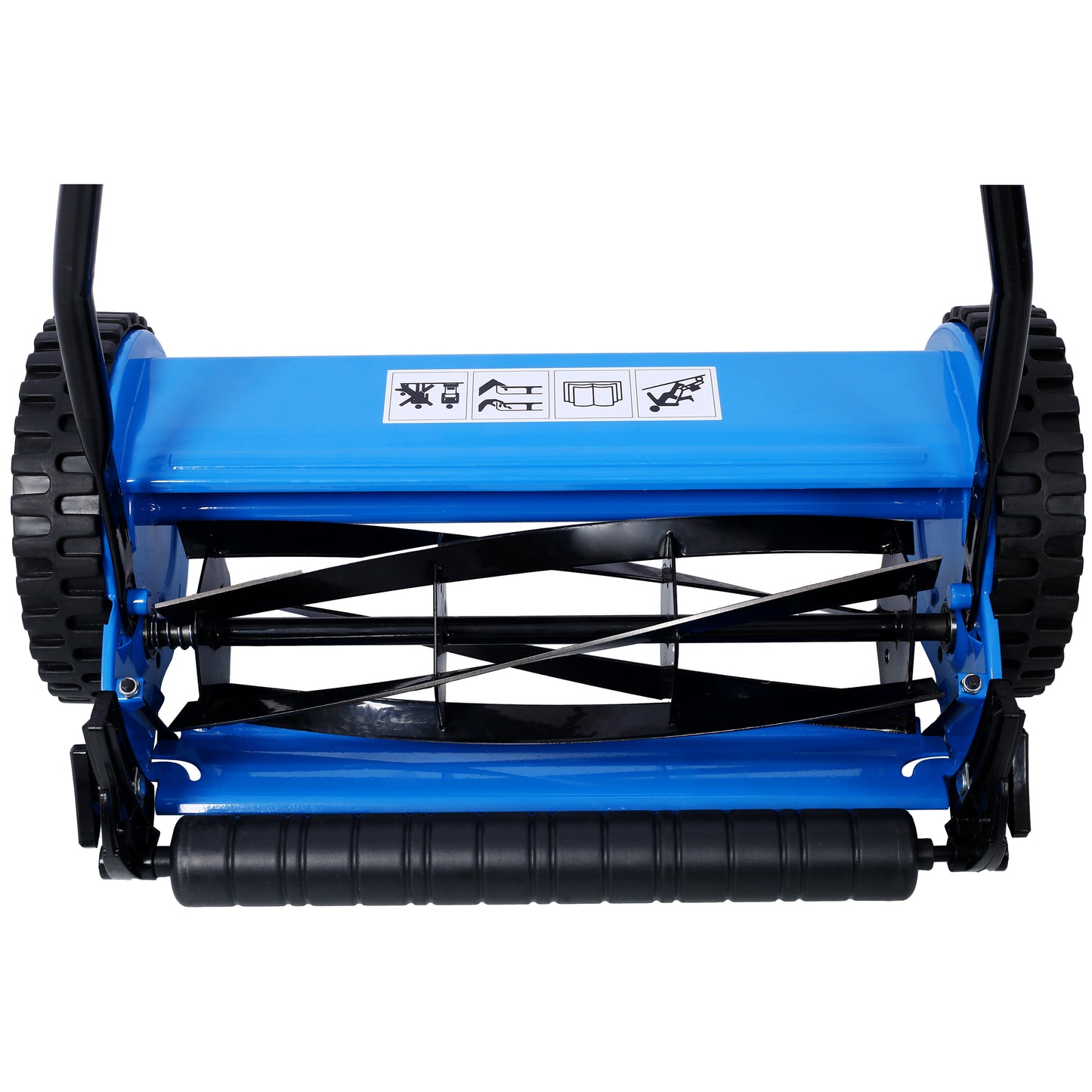 Blue manual reel mower with black wheels and a wide cutting deck for easy lawn care