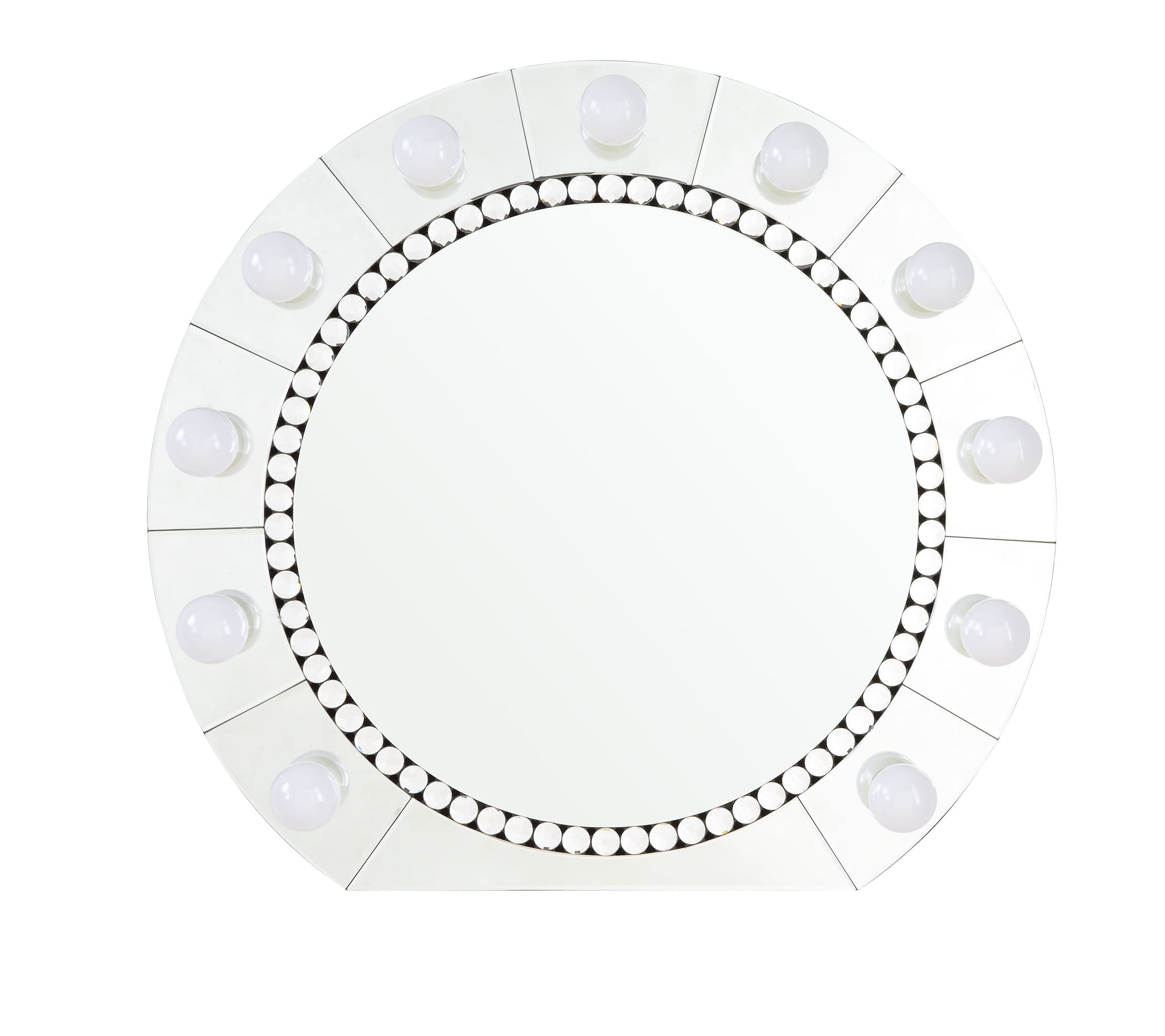 Round vanity mirror with lights and crystal accents for makeup