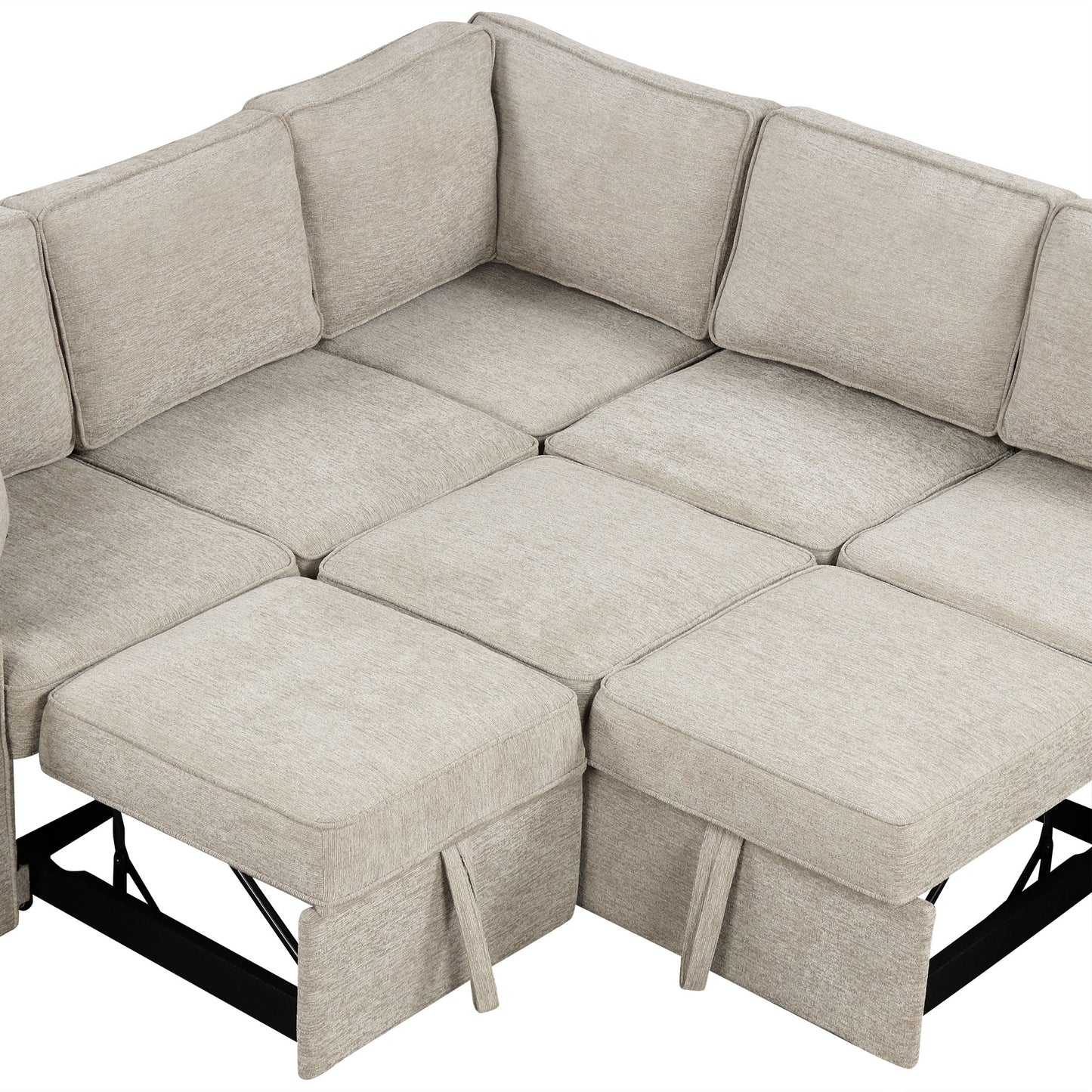 Beige linen modular sectional sofa with plush cushions and hidden storage ottoman compartments