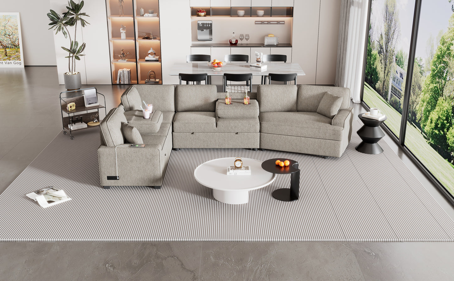 Light grey fabric sectional sofa with integrated cup holders and charging ports