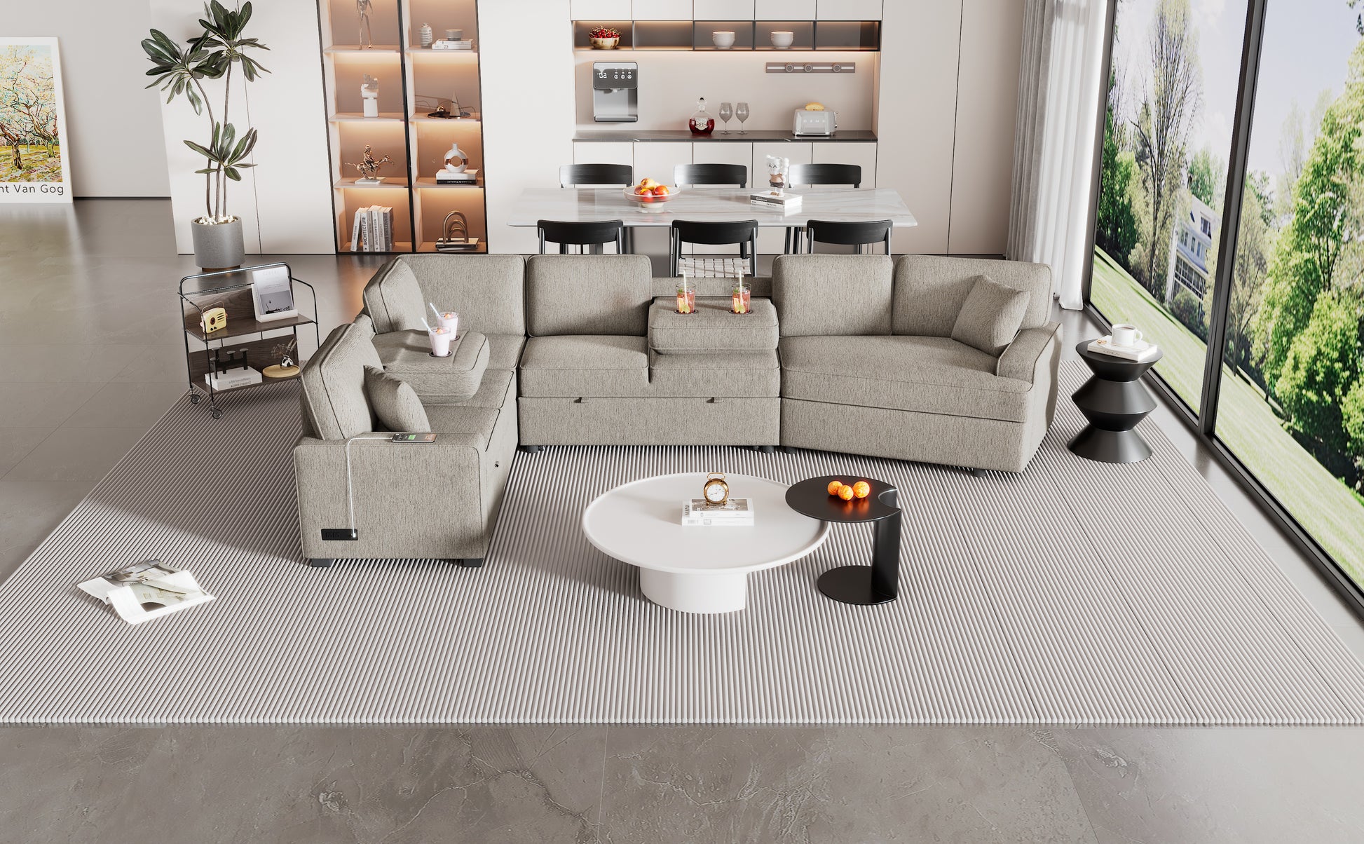 Light grey fabric sectional sofa with integrated cup holders and charging ports