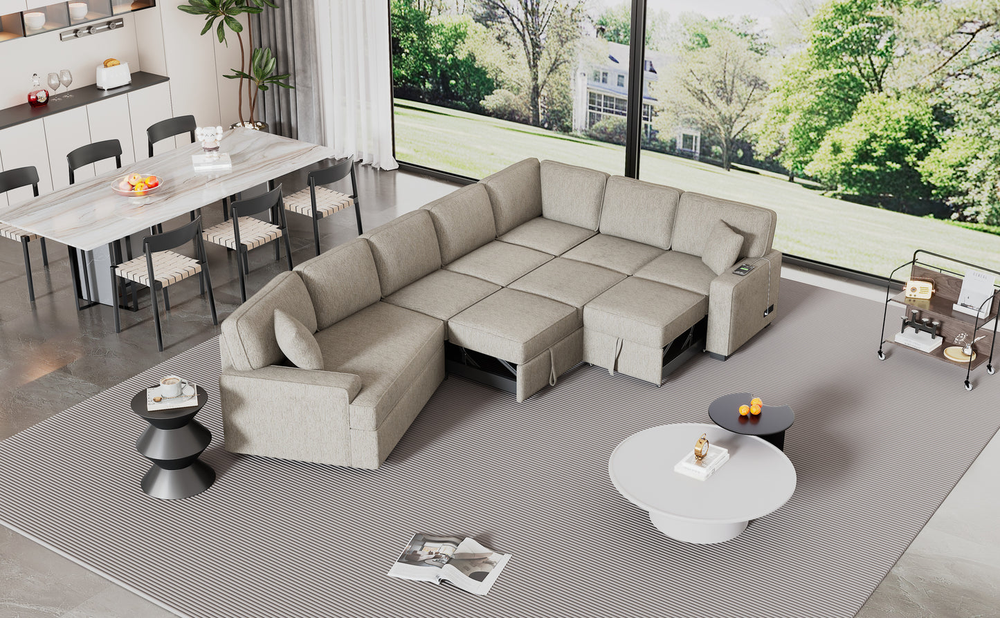 Large sectional sofa with pullout bed function in light grey fabric for spacious living rooms