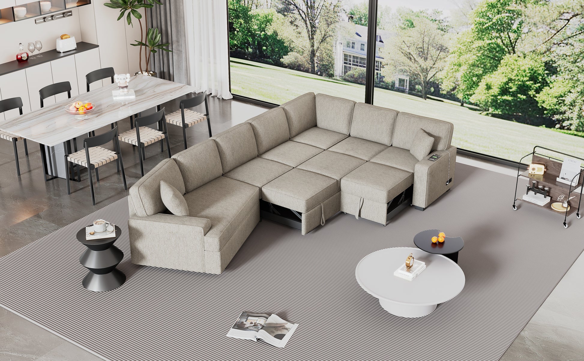 Large sectional sofa with pullout bed function in light grey fabric for spacious living rooms