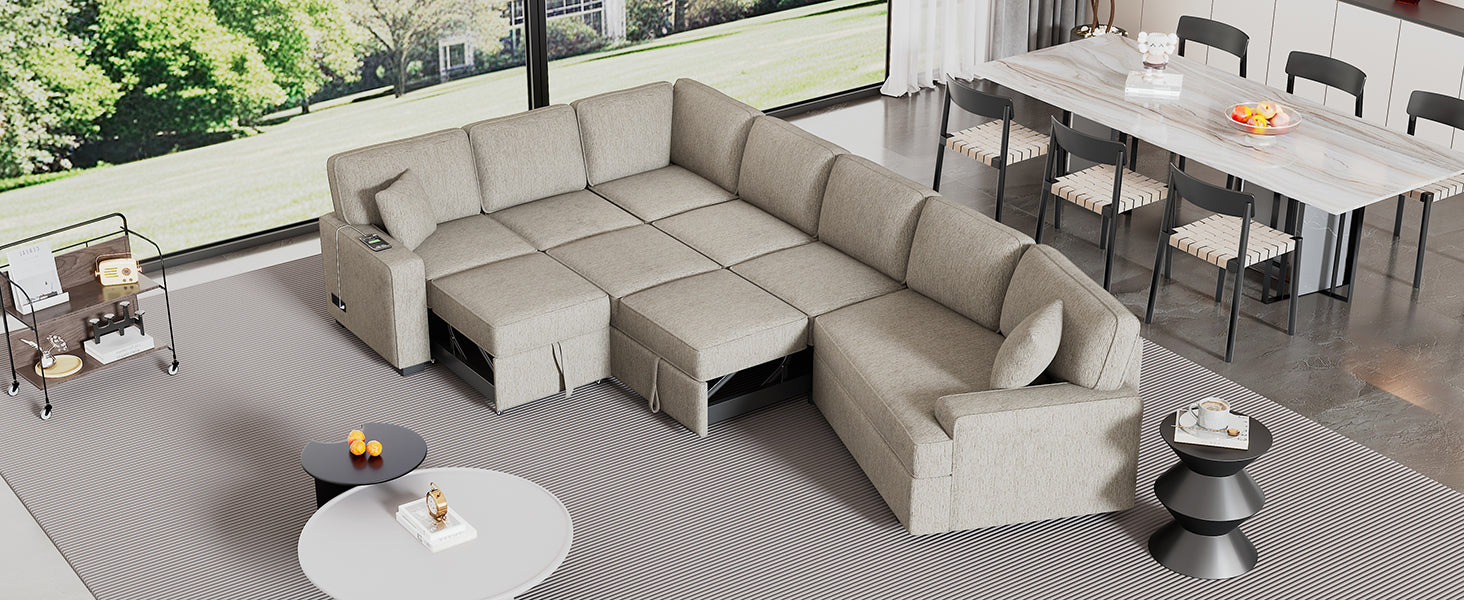 Comfortable beige sectional sofa with pullout bed functionality