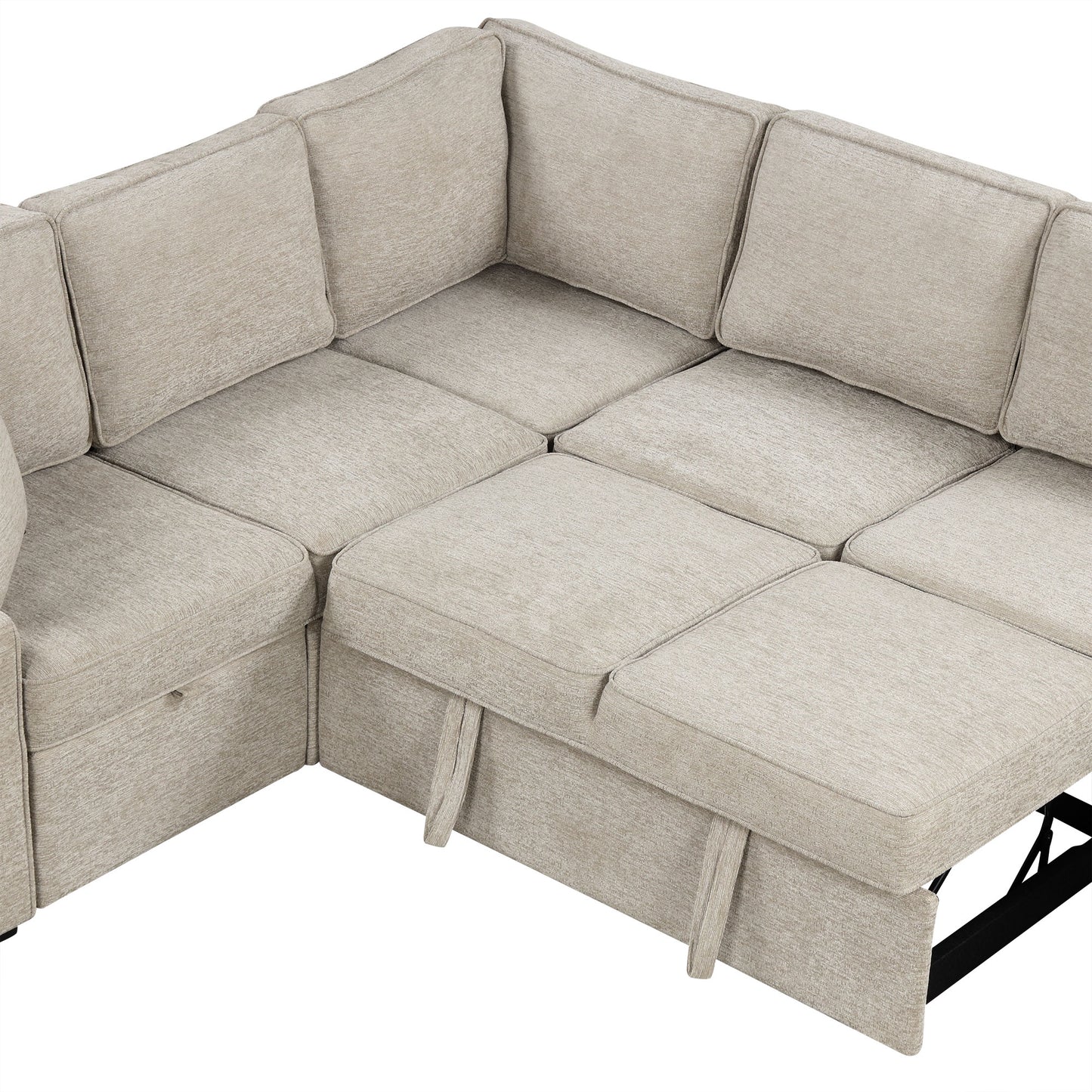 Beige fabric sectional sofa with pullout chaise lounge and hidden storage