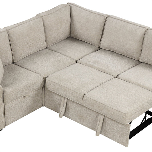 Beige fabric sectional sofa with pullout chaise lounge and hidden storage