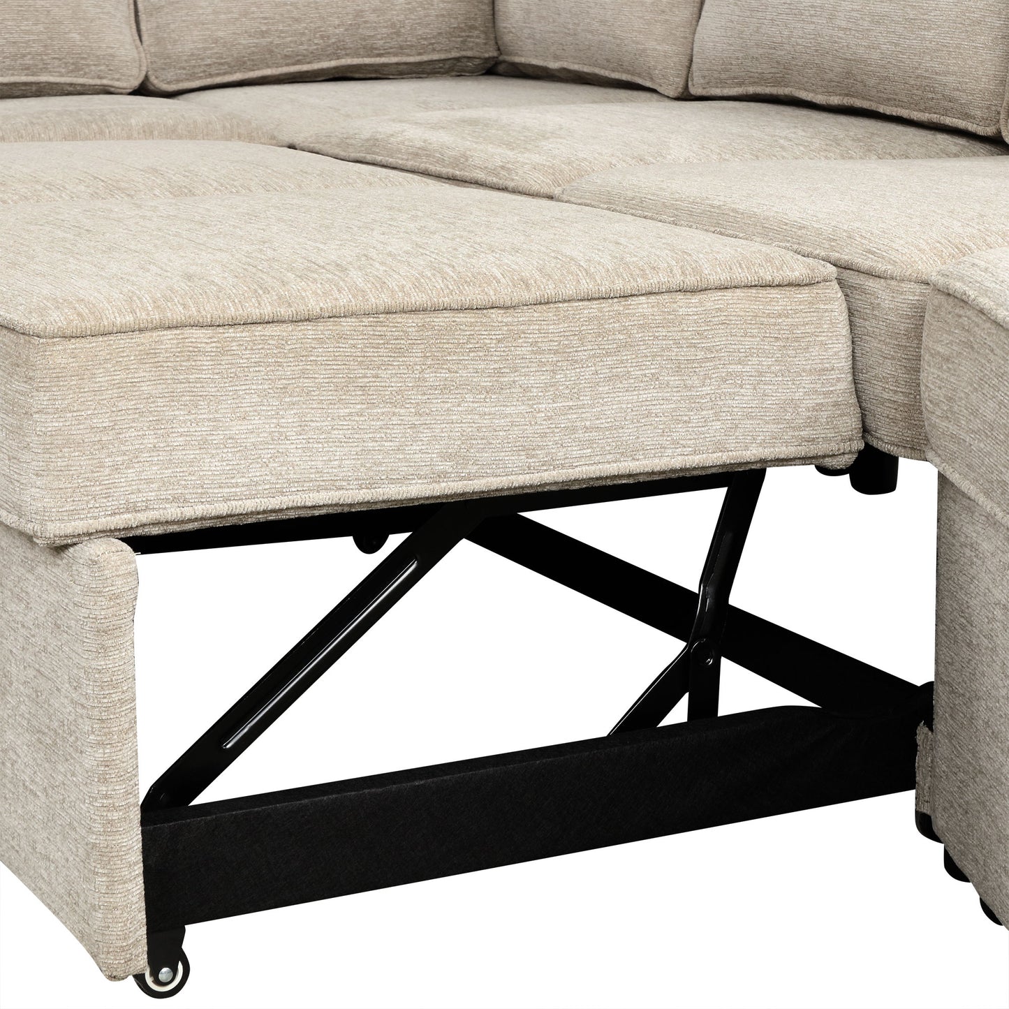 Beige sectional sofa with lifttop storage ottoman and black metal mechanism