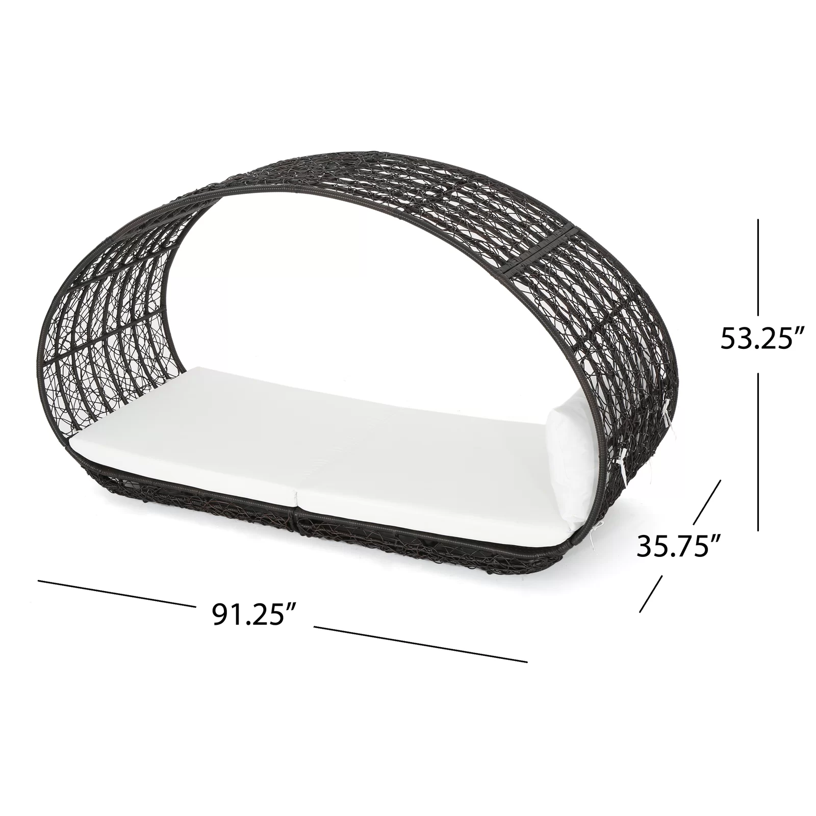 Woven rattan pod daybed with white cushions perfect for outdoor lounging