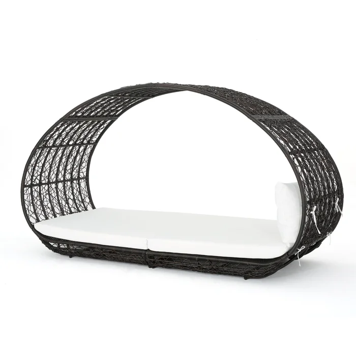 Woven dark brown wicker daybed with white cushion oval canopy design