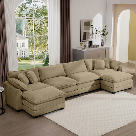 Beige corduroy sectional sofa with plush cushions and throw pillows in a modern living room