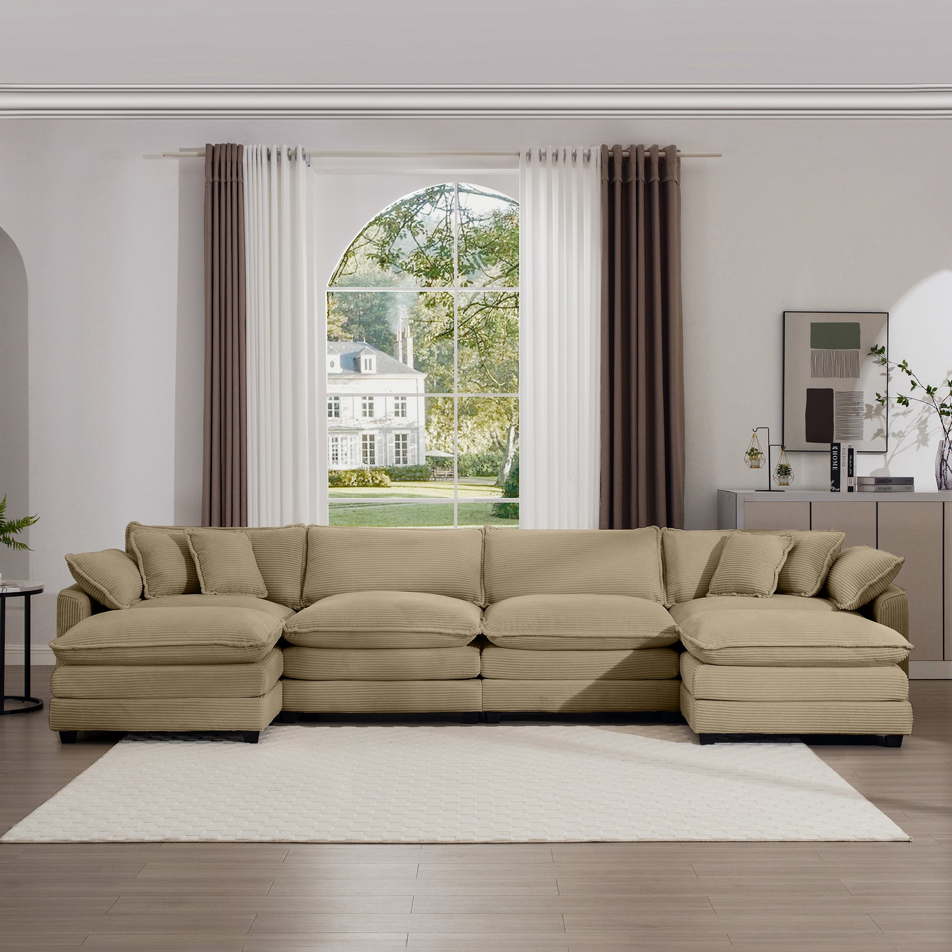 Beige corduroy sectional sofa with plush cushions perfect for modern living rooms