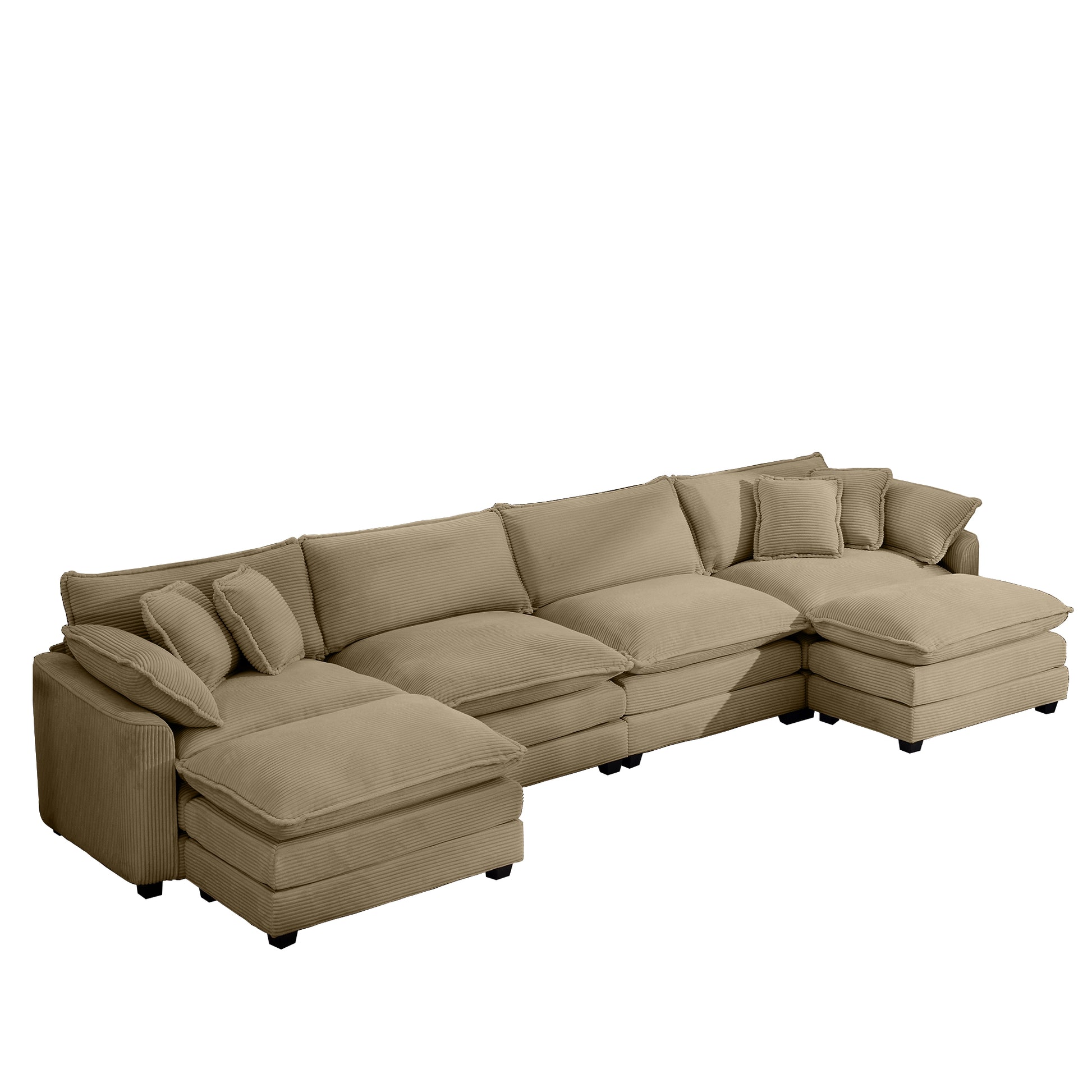 Comfortable taupe corduroy sectional sofa with deep seating and plush cushions