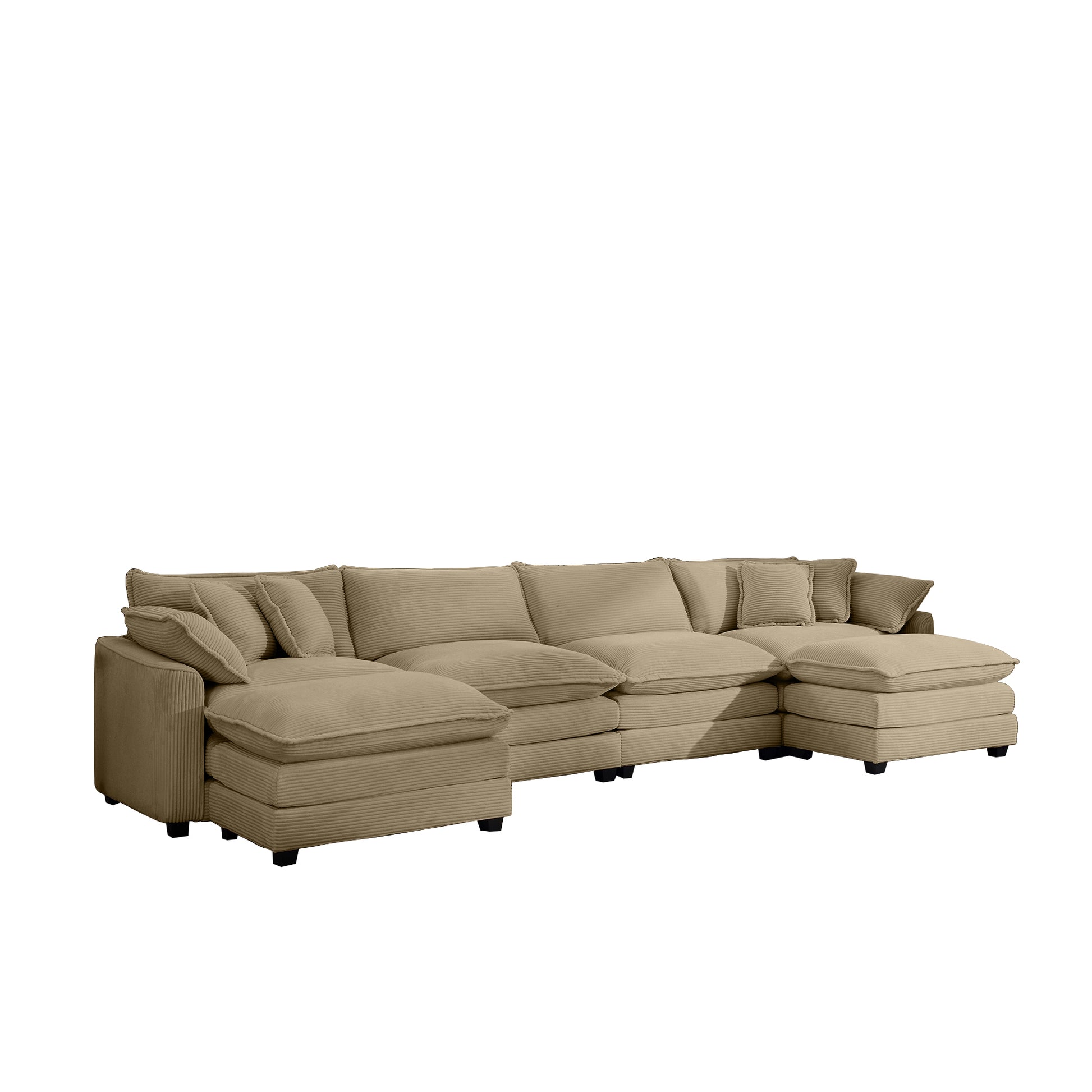 Ushaped modular sofa in beige corduroy with plush cushions perfect for spacious living rooms