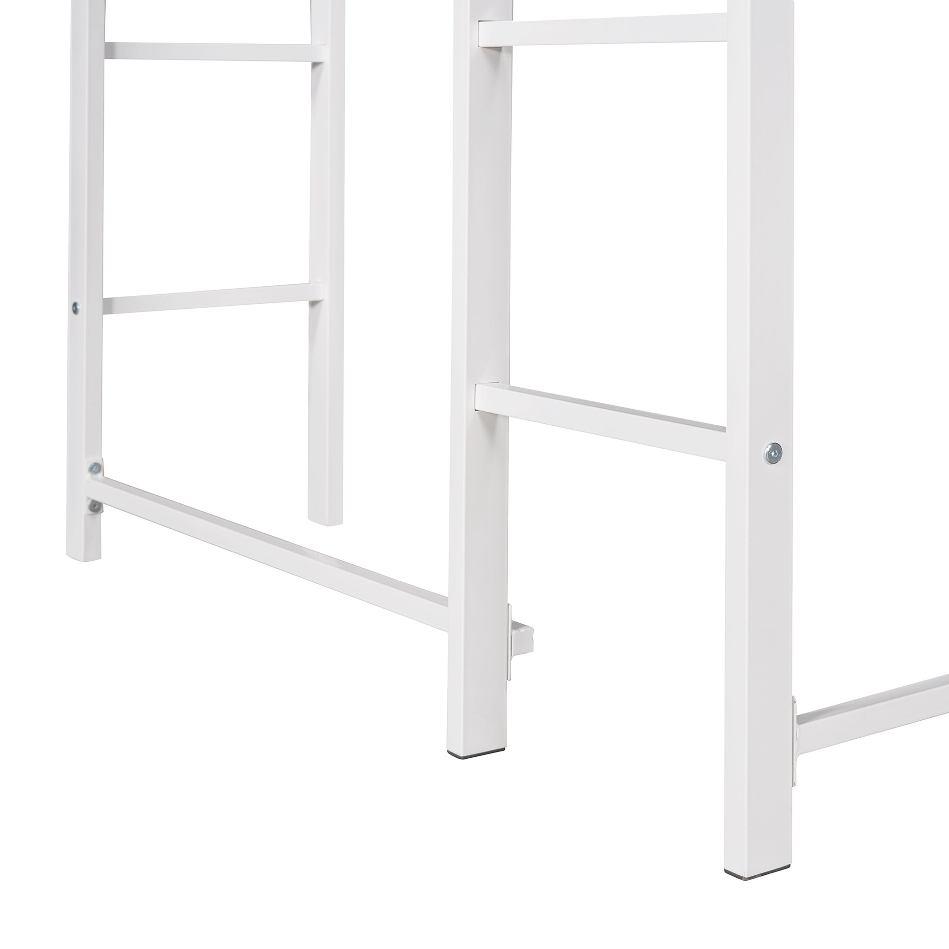 White metal loft bed frame leg detail showing support bars