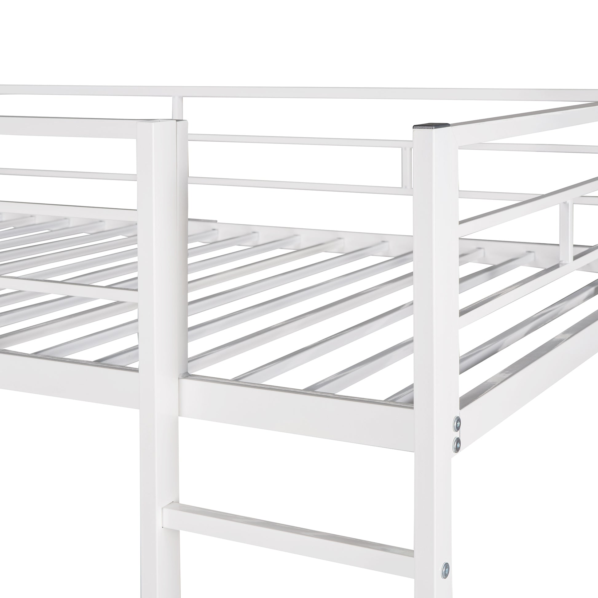 Closeup of white metal bunk bed frame with slatted mattress support