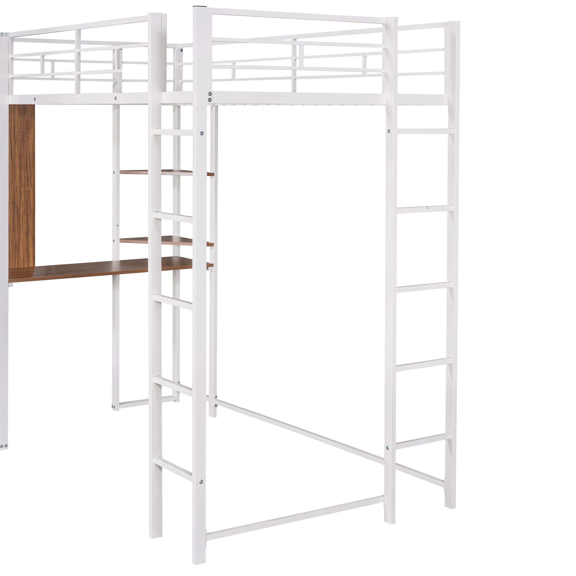 White metal loft bed with integrated desk and shelving