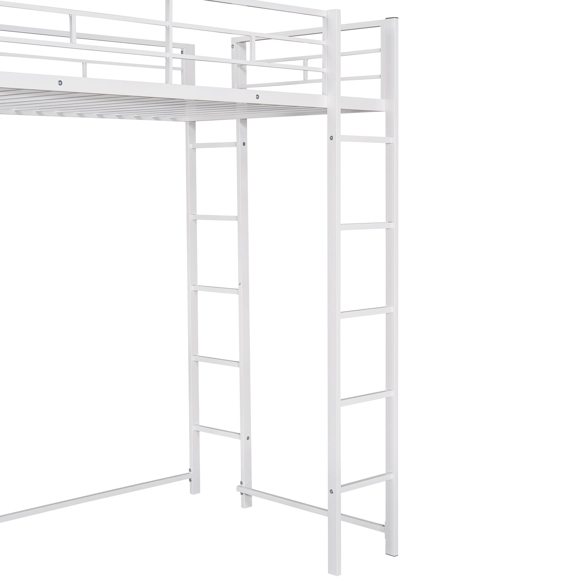 White metal loft bed frame with attached ladder