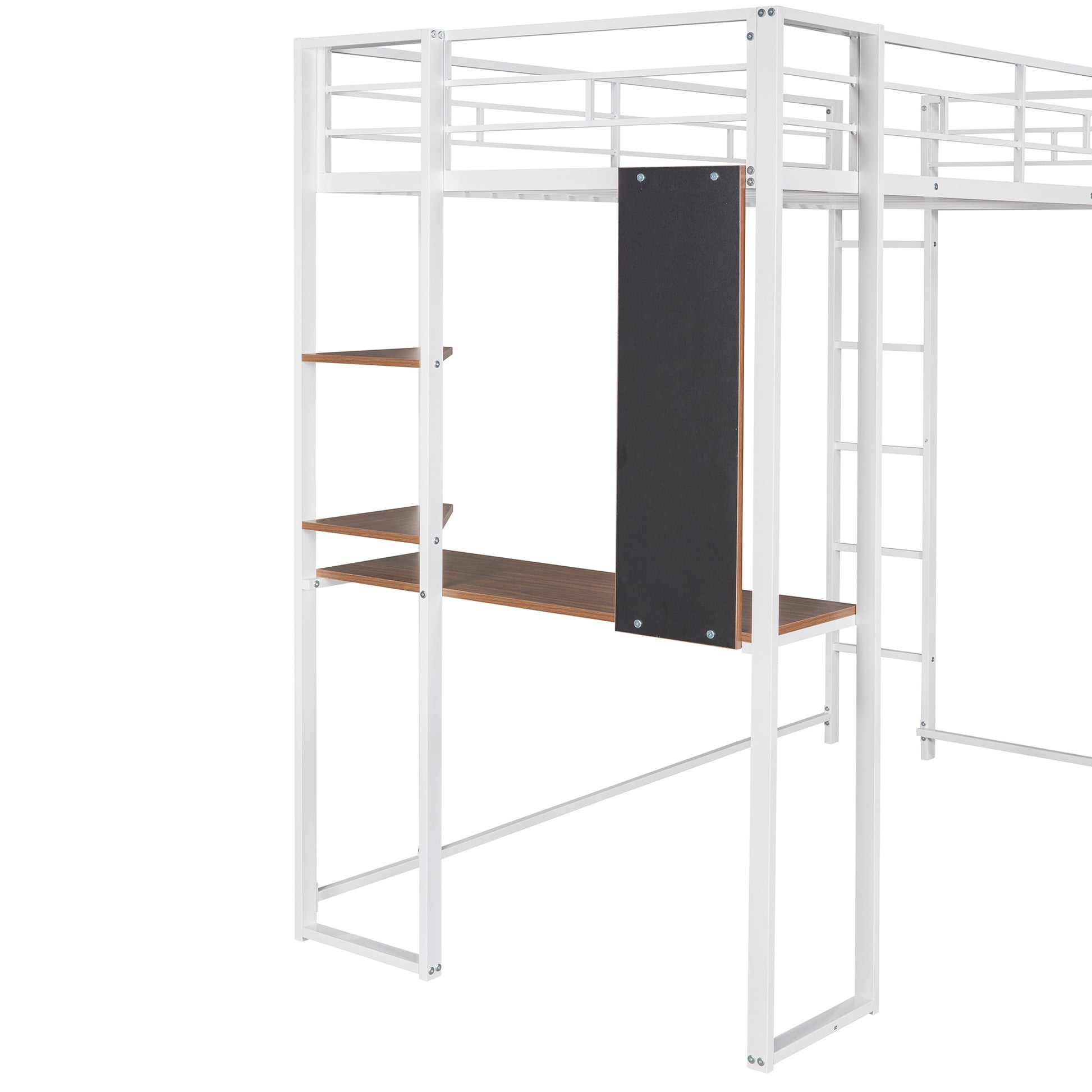 White metal loft bed with desk and shelves