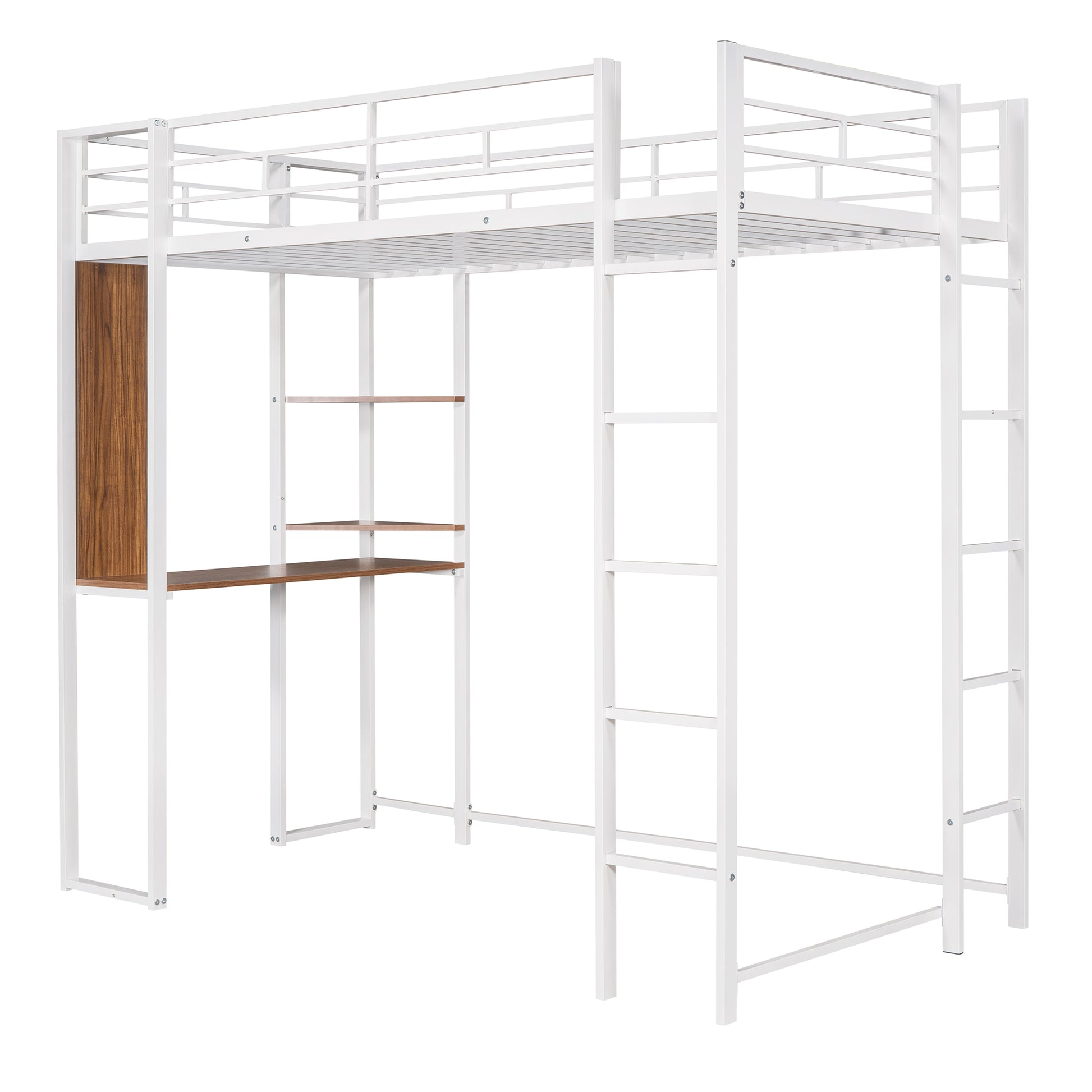 White metal loft bed with integrated desk and shelves