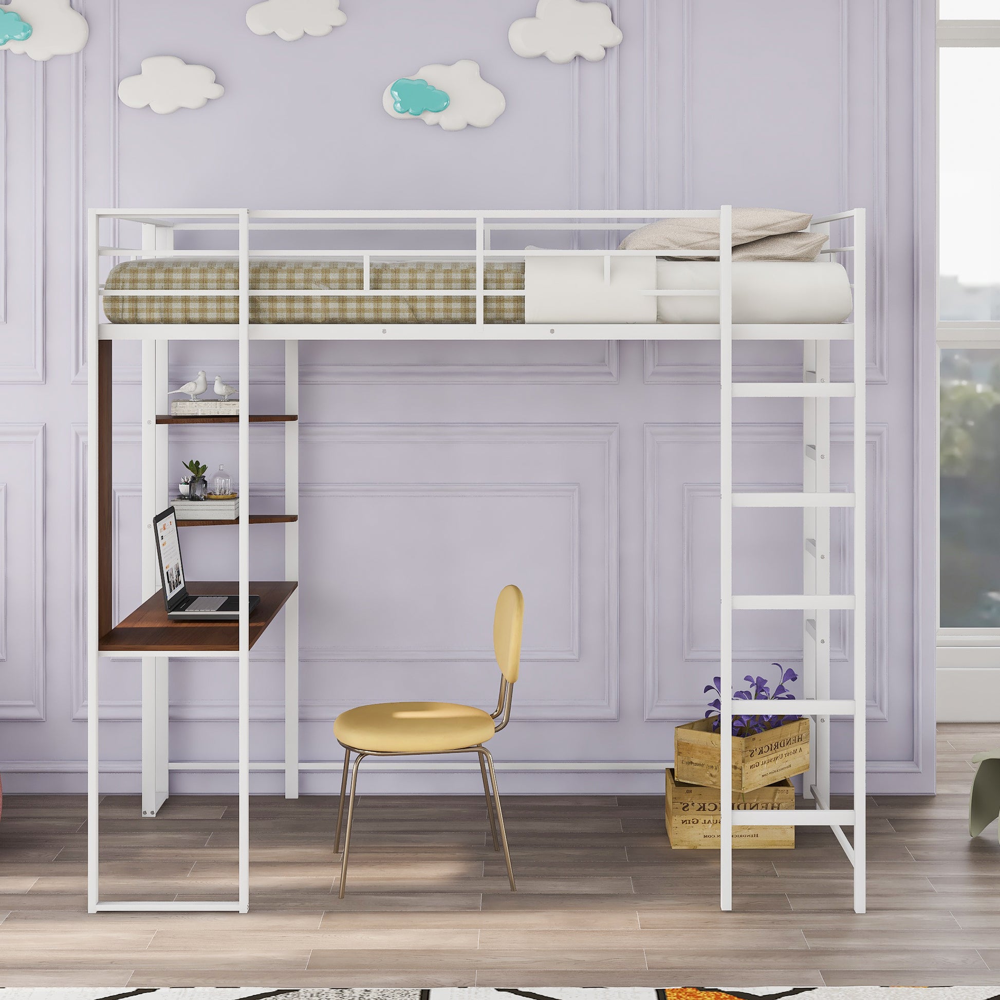 White metal loft bed with integrated desk and shelves