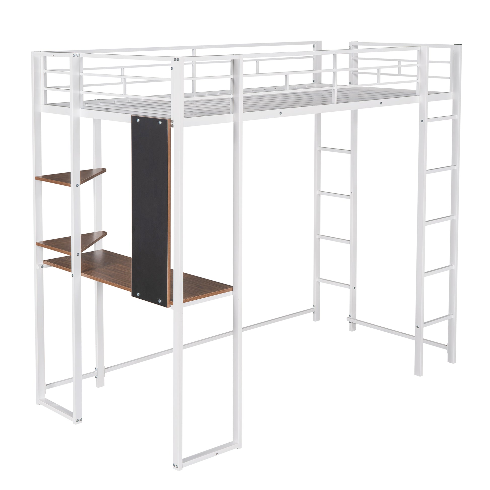 White metal loft bed with integrated desk and shelving