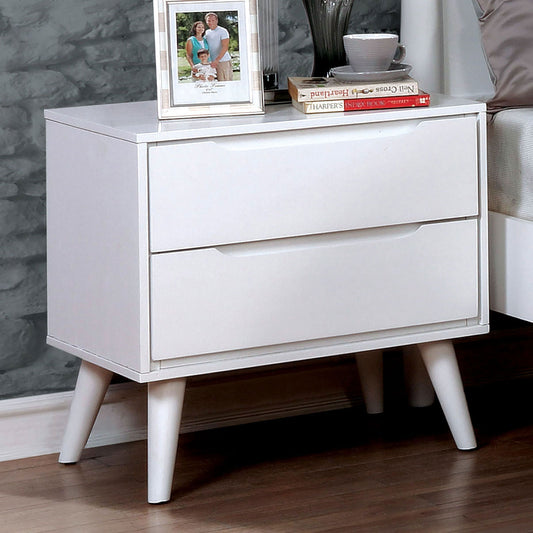 Sleek white twodrawer nightstand with tapered wooden legs perfect for modern bedrooms