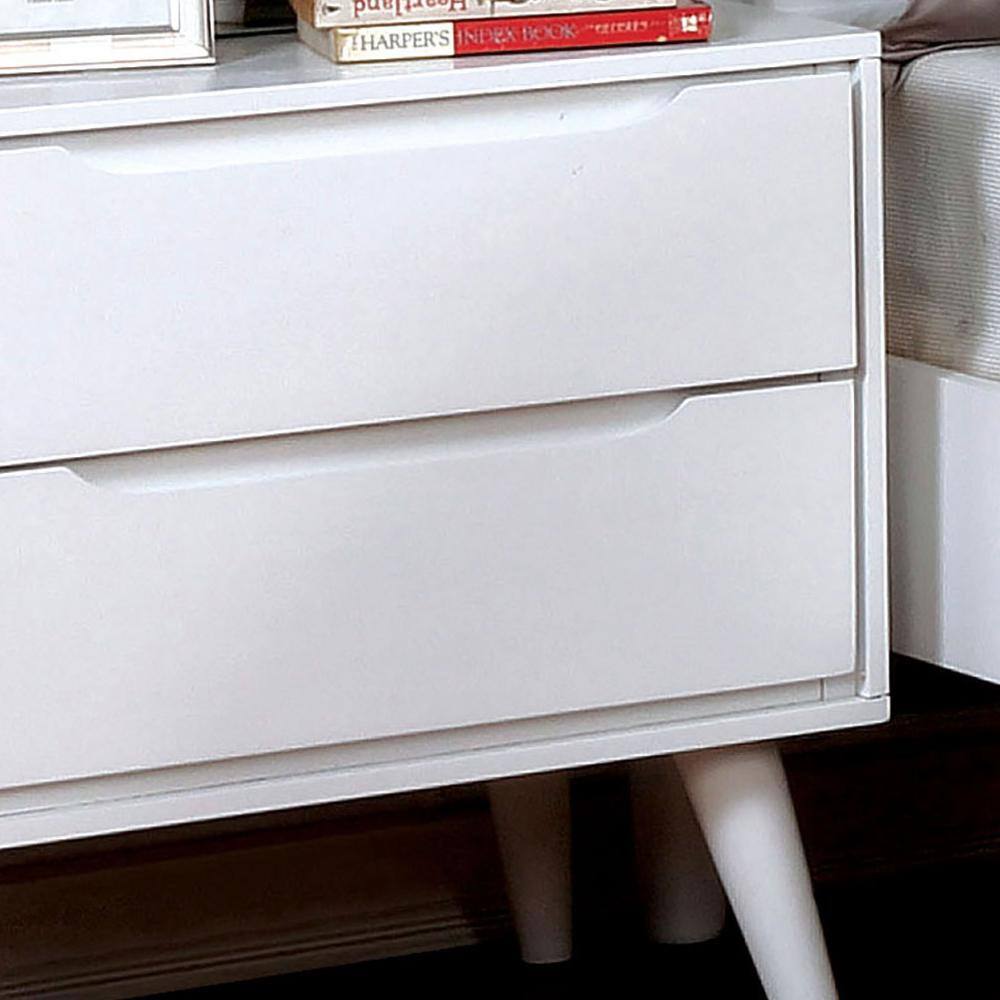 White modern nightstand with two drawers and tapered legs perfect for bedroom storage