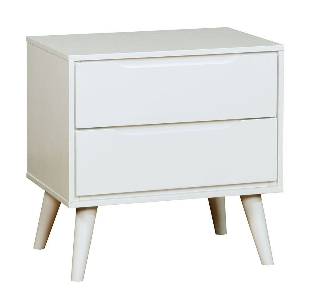 White twodrawer modern nightstand with angled wooden legs