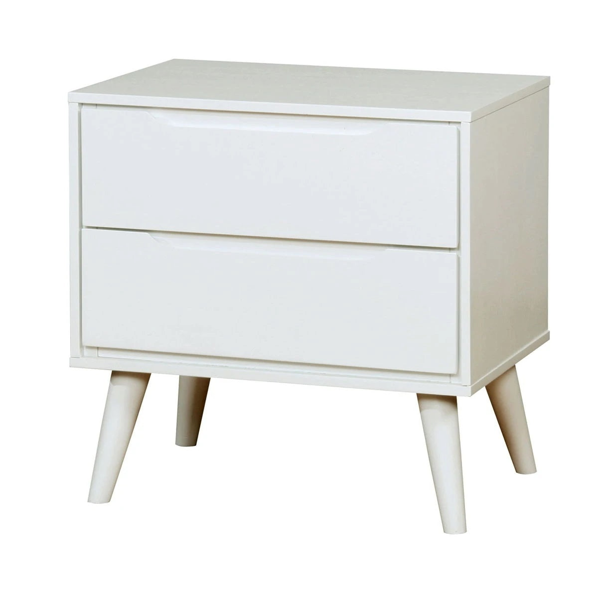 Modern white twodrawer nightstand with tapered wooden legs