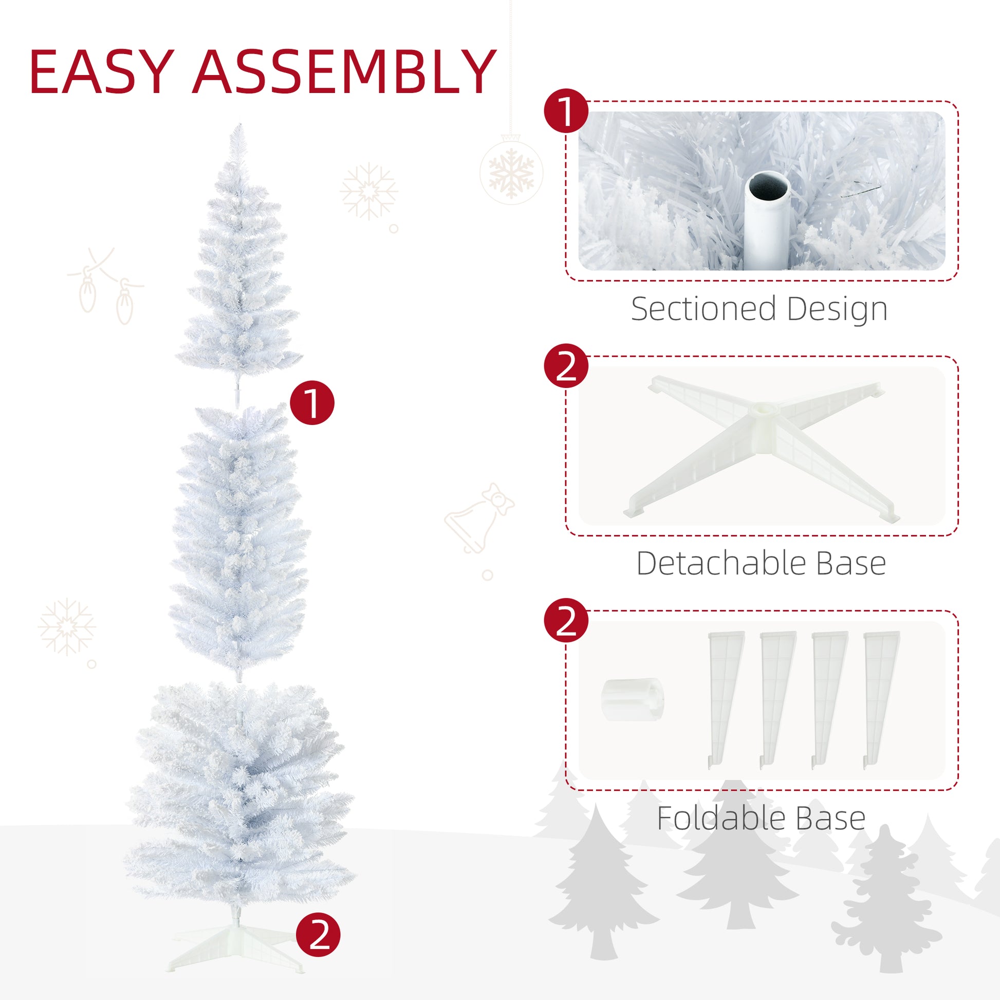 White artificial Christmas tree with sectioned design for easy assembly and storage