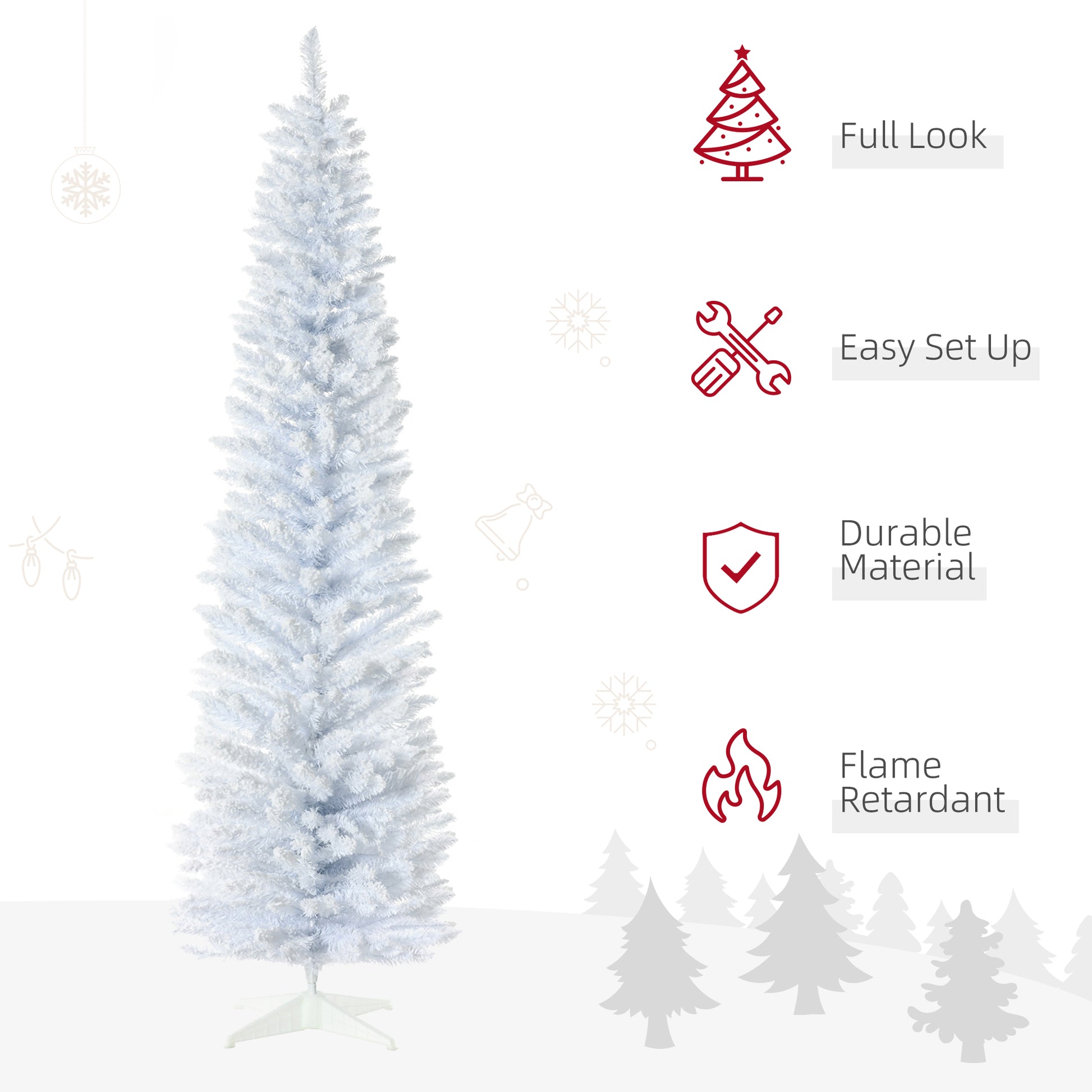 Flocked white pencil Christmas tree with a sturdy white stand perfect for small spaces