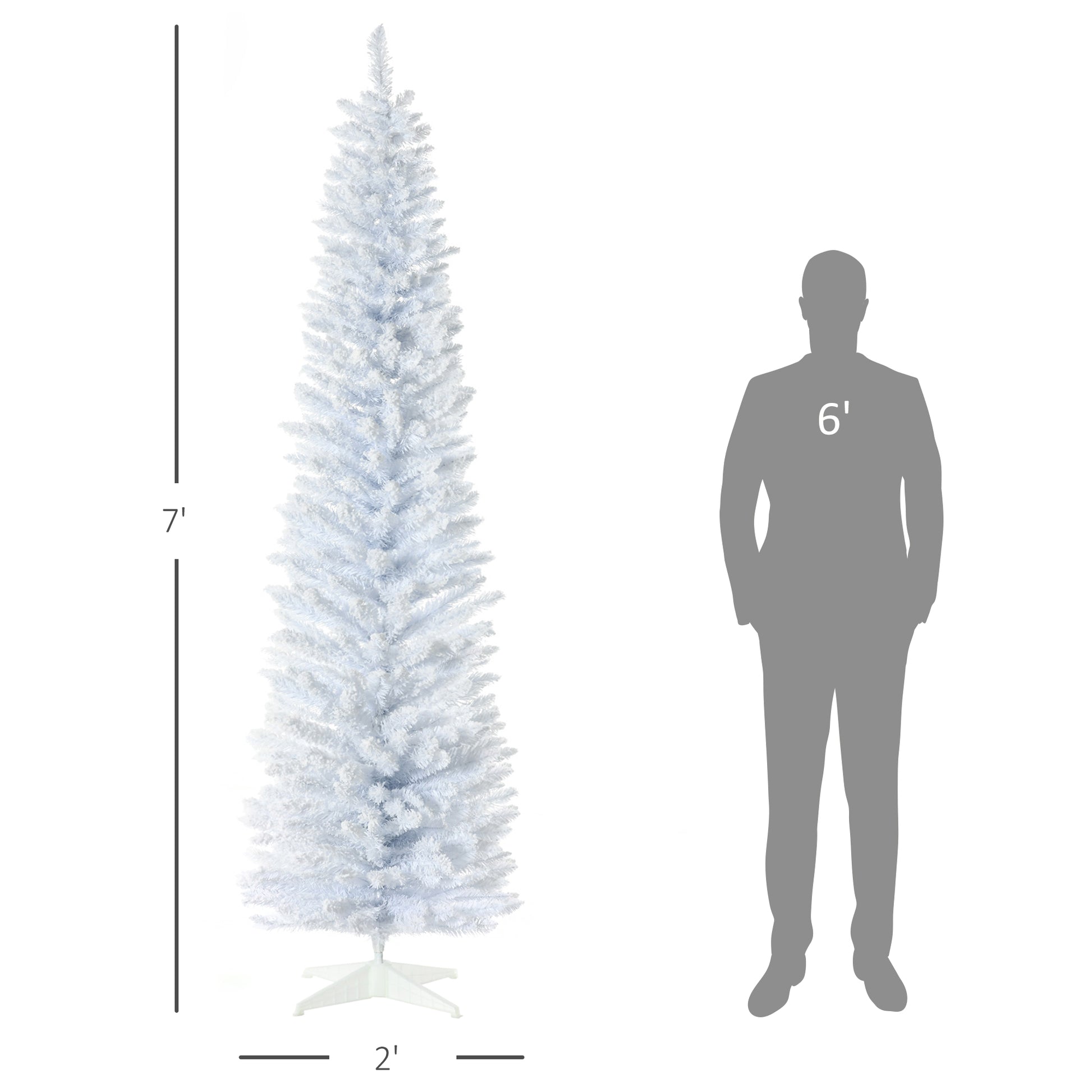 A foot tall slender artificial white christmas tree with flocked tips standing next to a foot silhouette