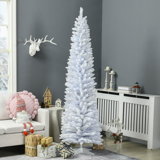 Tall white artificial Christmas tree with flocked branches and a slender silhouette