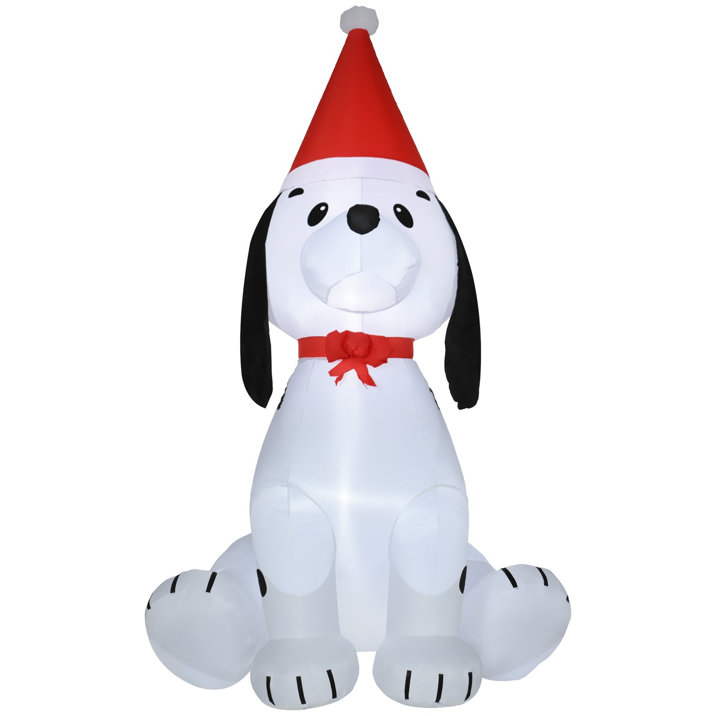 Inflatable Snoopy dog wearing a Santa hat and red bow tie for Christmas decorations