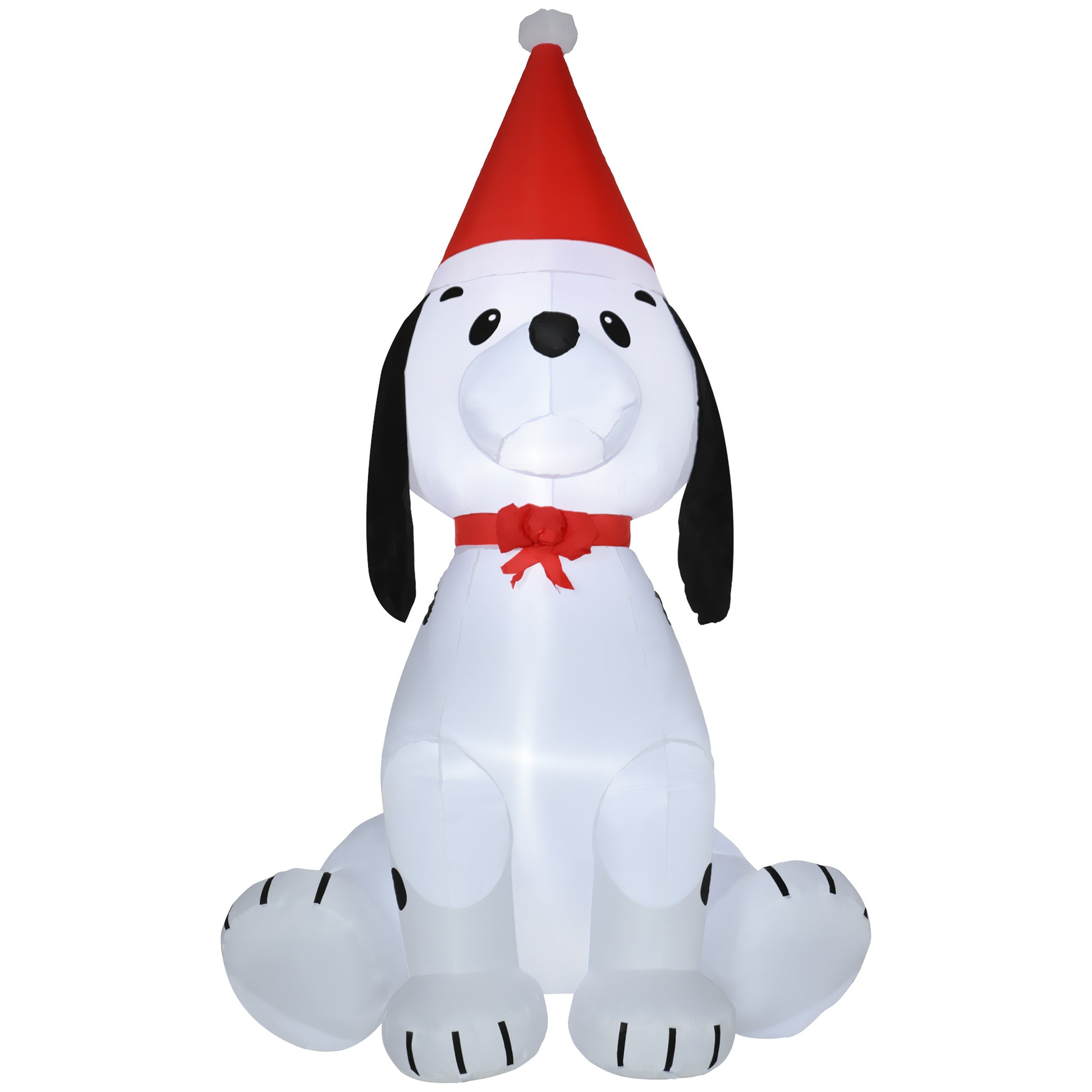 Inflatable Snoopy dog wearing a Santa hat and red bow tie for Christmas decorations