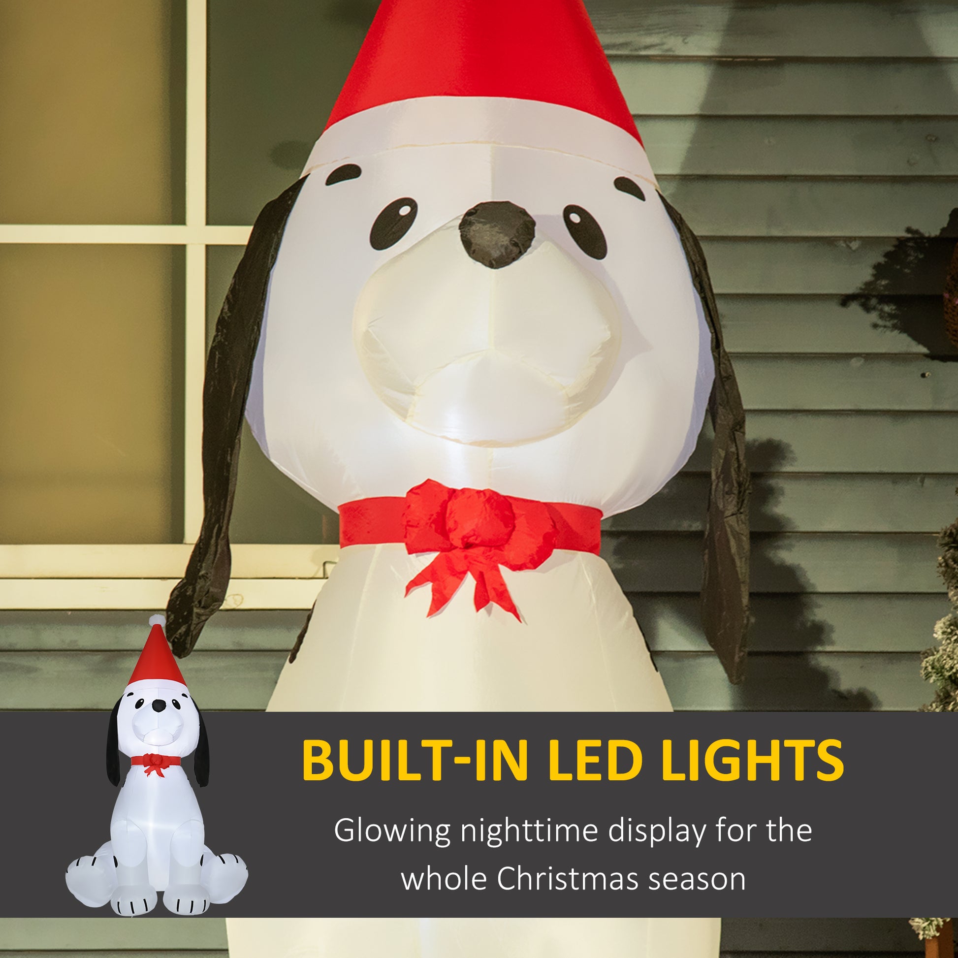 Large white inflatable dog with Santa hat and red bow tie perfect for Christmas decoration