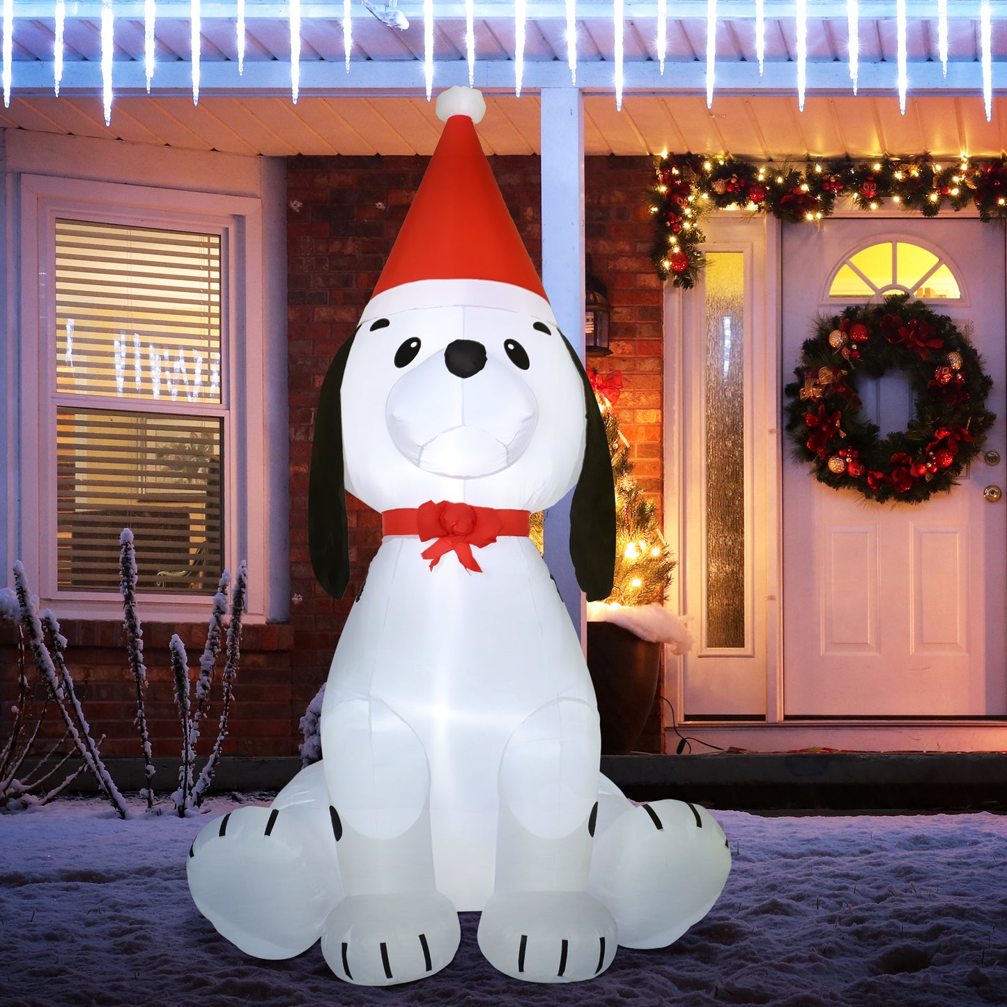 Inflatable white dog wearing Santa hat and red bow tie a perfect holiday yard decoration