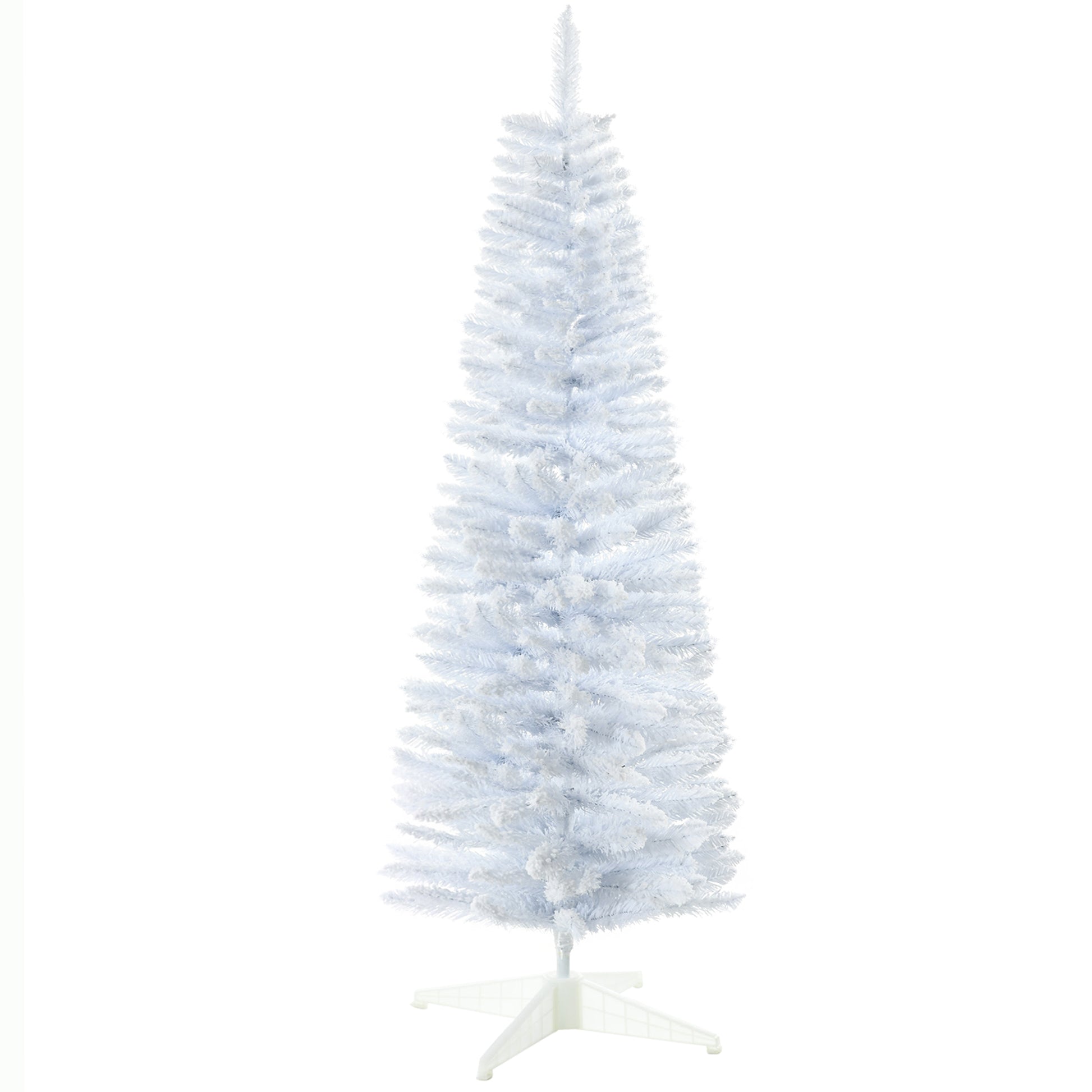 Tall slender white artificial Christmas tree with flocked branches and a white base