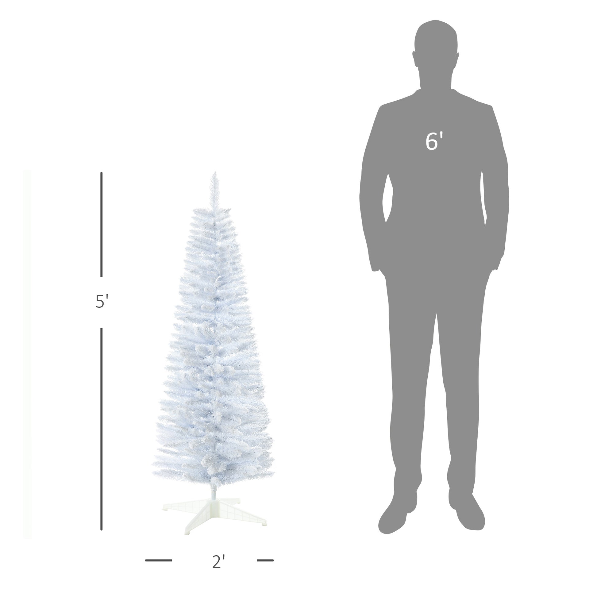 A slim foot tall white artificial Christmas tree with a white metal stand