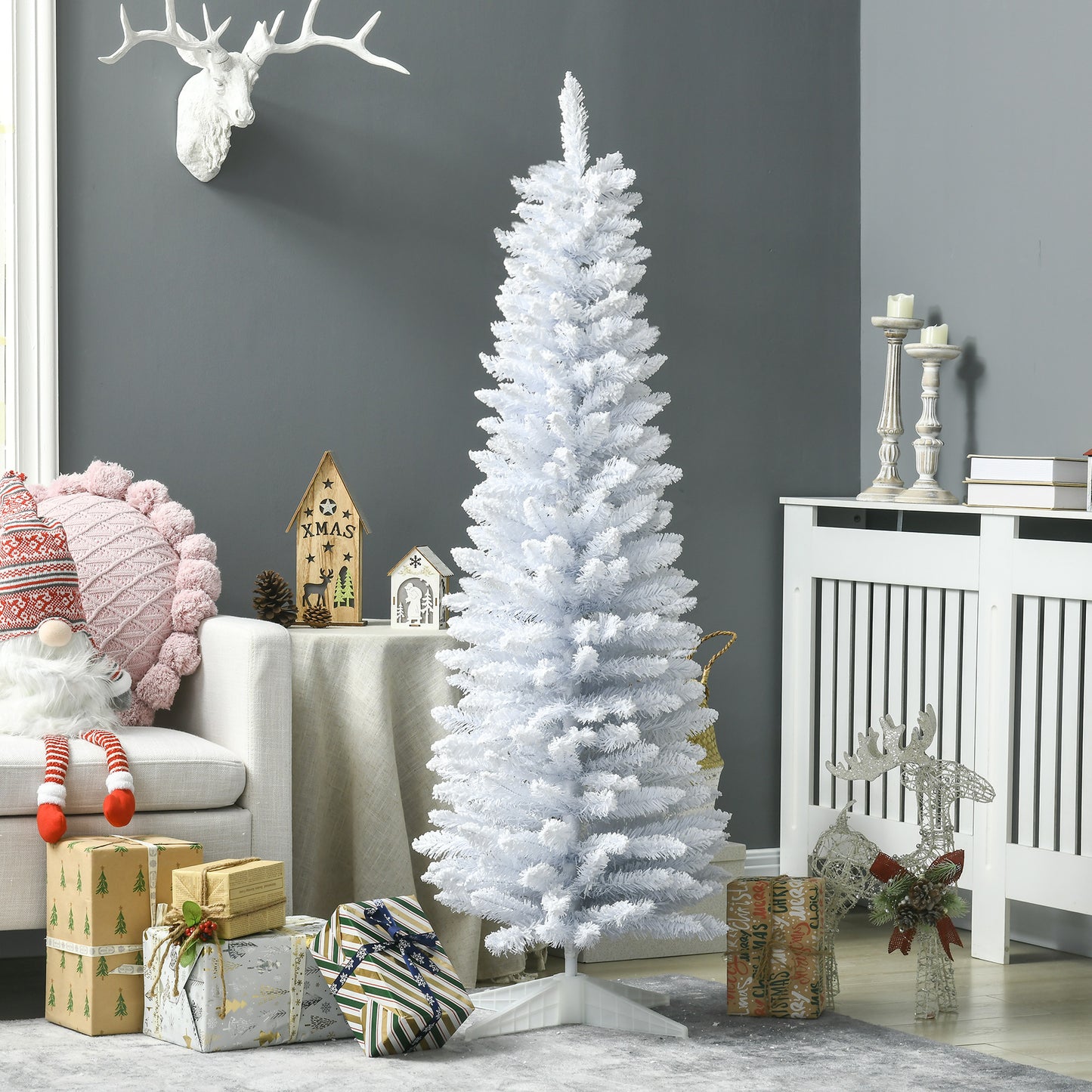 Tall white artificial Christmas tree with a slim profile ideal for small spaces