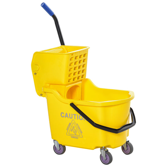 Yellow mop bucket with wringer and blue handle ideal for commercial cleaning