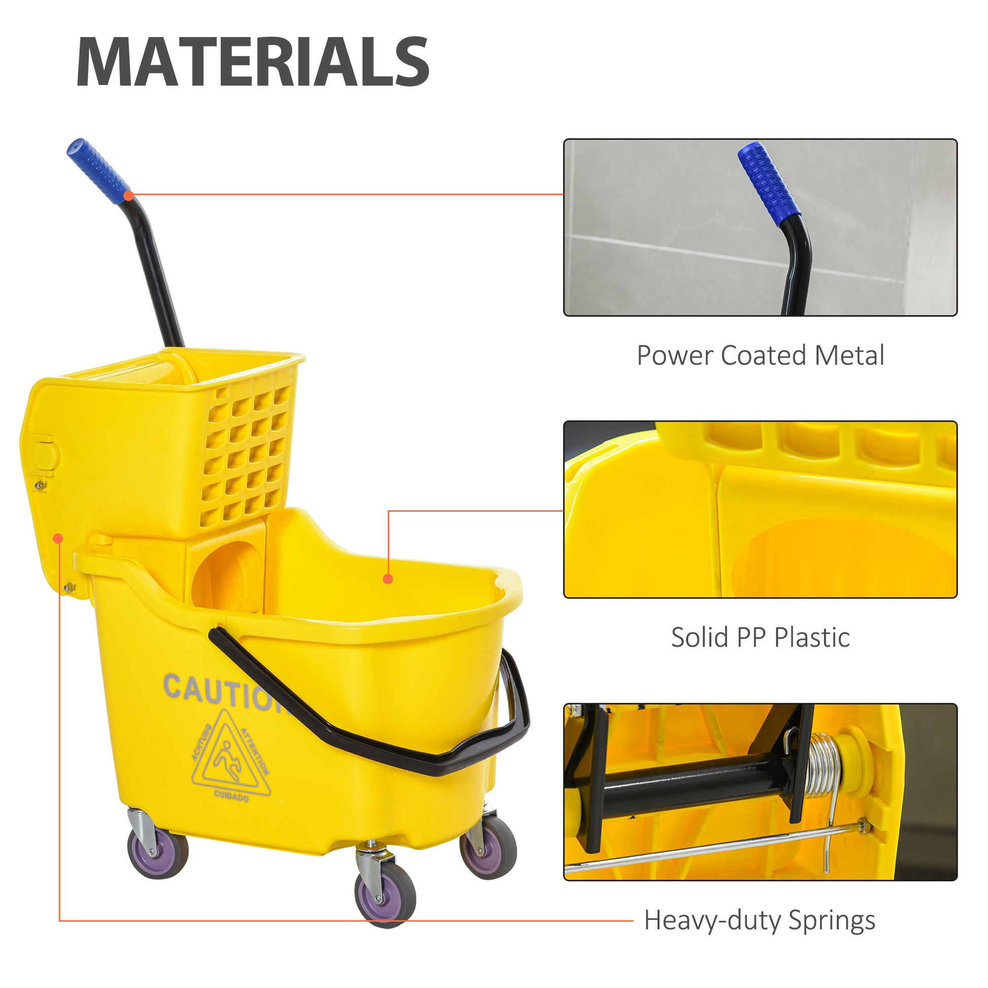 Yellow cleaning bucket with wringer power coated metal handle and durable wheels