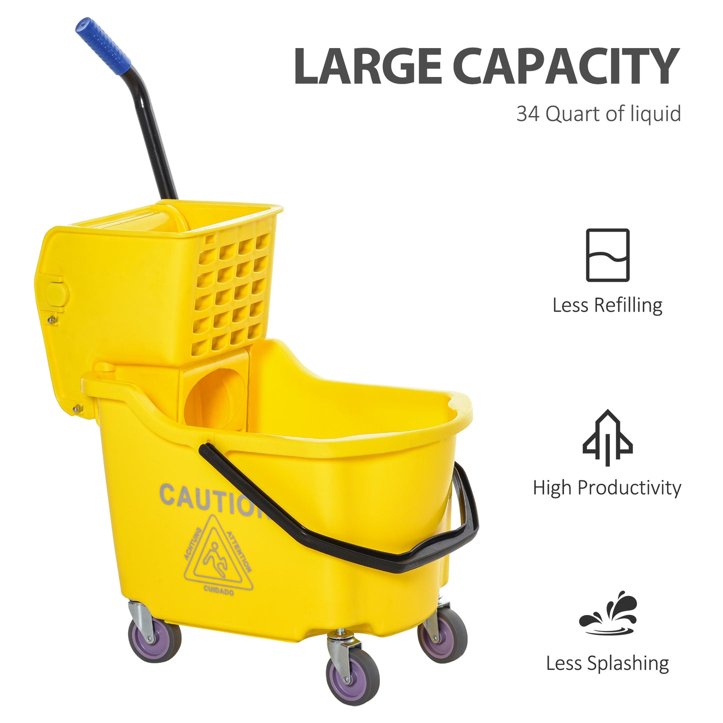 Yellow  quart mop bucket with wringer blue handle and caster wheels