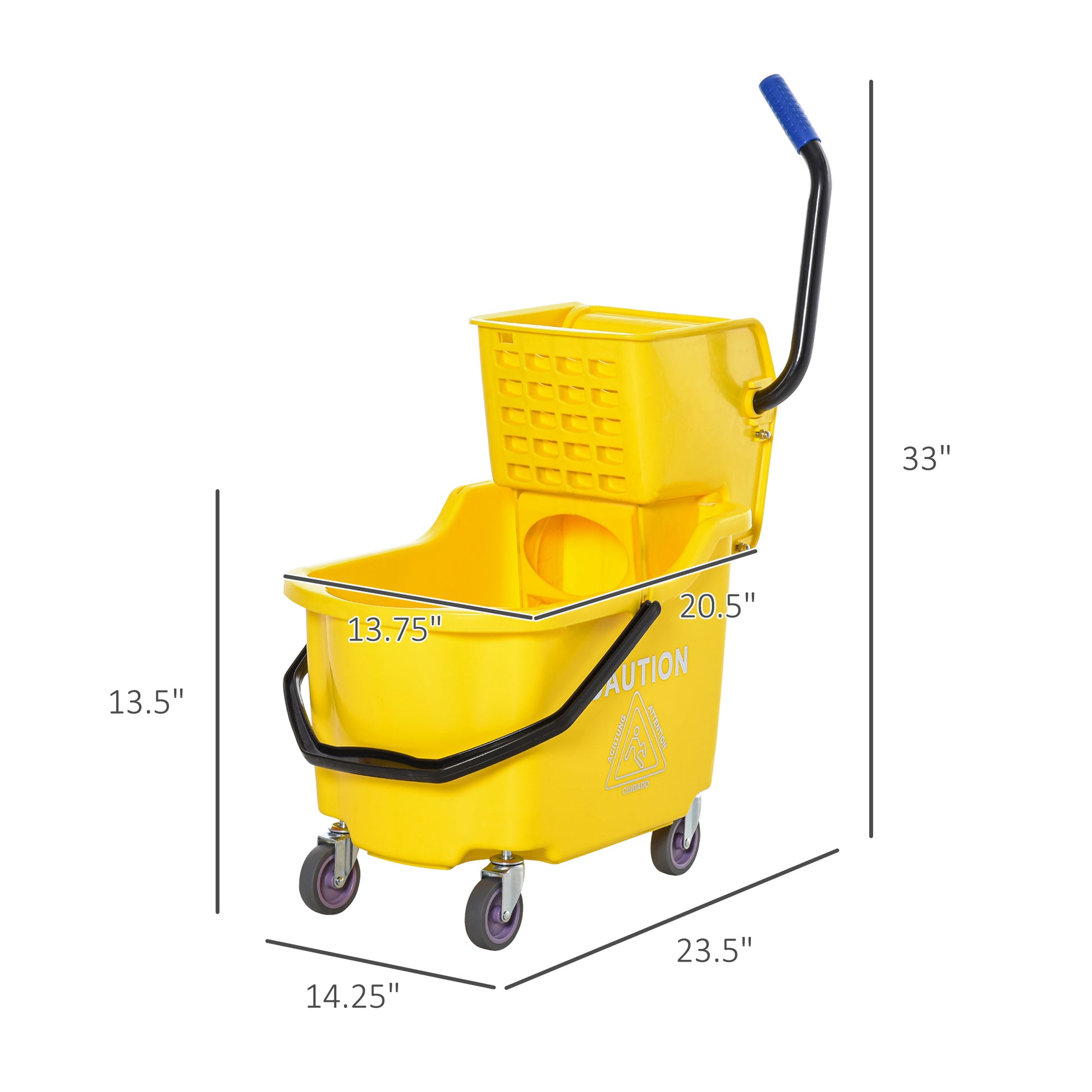 Yellow plastic cleaning mop bucket with wringer and handle on wheels  wide