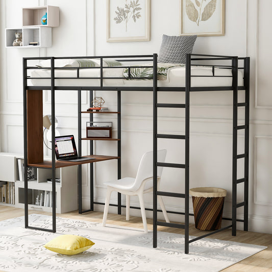 TREATLIFE HOME Twin Metal Loft Bed with Integrated Desk and Two Shelves, Space-Saving Design, Black